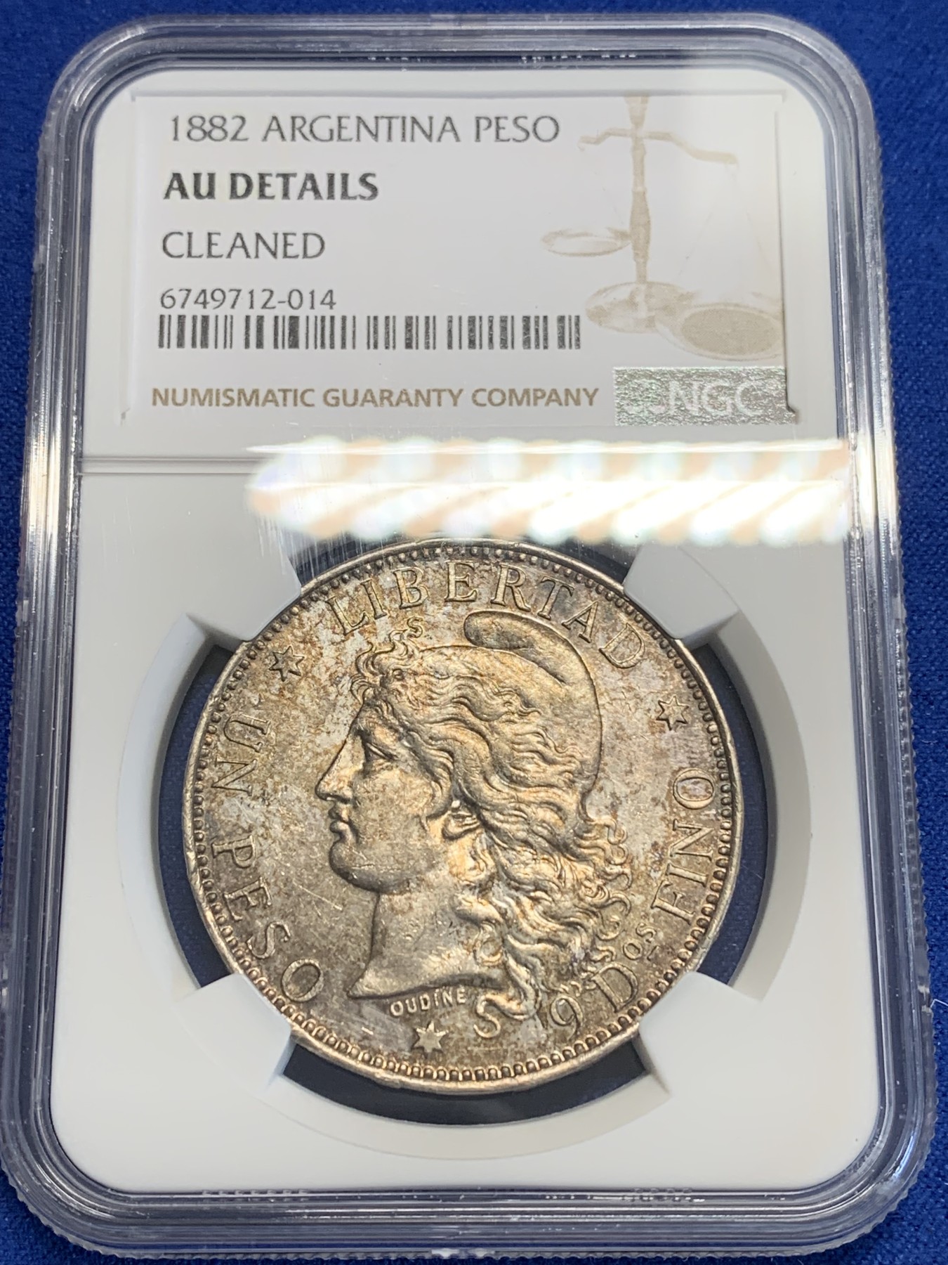 《竞宝斋》第207场-周日，周一 2场 (全场包邮) NGC AUD  1882  阿根廷1比索大银币 热门南美大银 带彩包浆 可以再养养送评