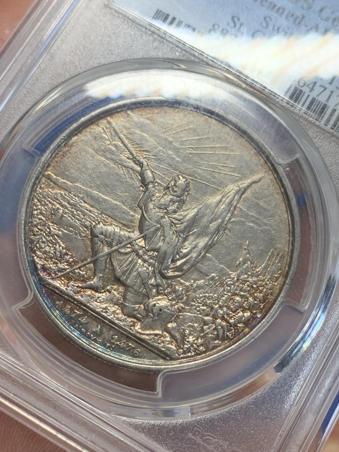 《竞宝斋》第207场-周日，周一 2场 (全场包邮) PCGS-AUD 瑞士1874年圣加仑射击节5法郎银币，发行量5W枚，老洗，现在快形成新的包浆了