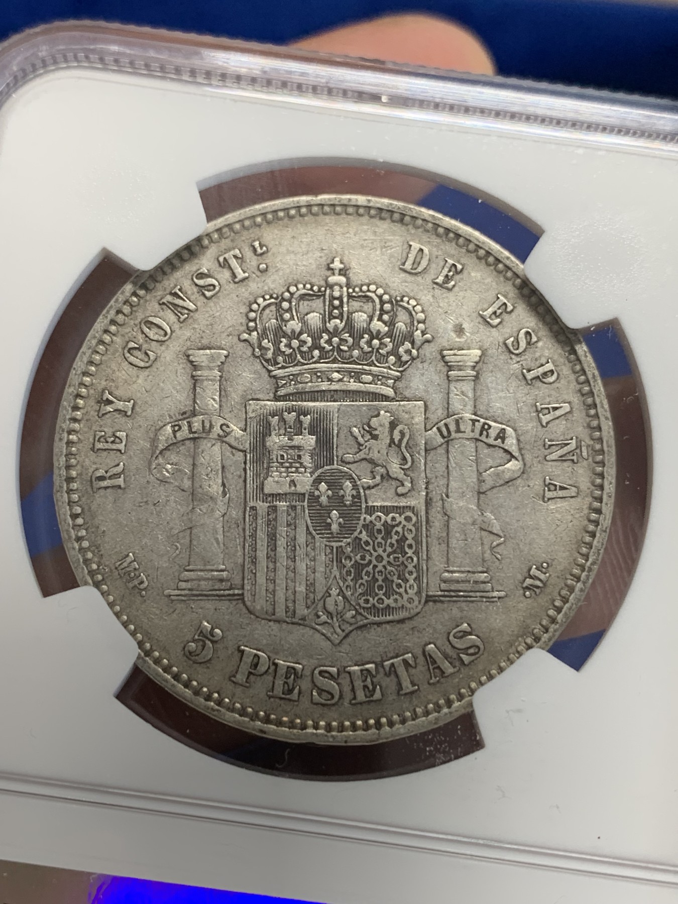 《竞宝斋》第207场-周日，周一 2场 (全场包邮) NGC-VF35 西班牙1888年 阿方索十三世 5比塞塔双柱大银币