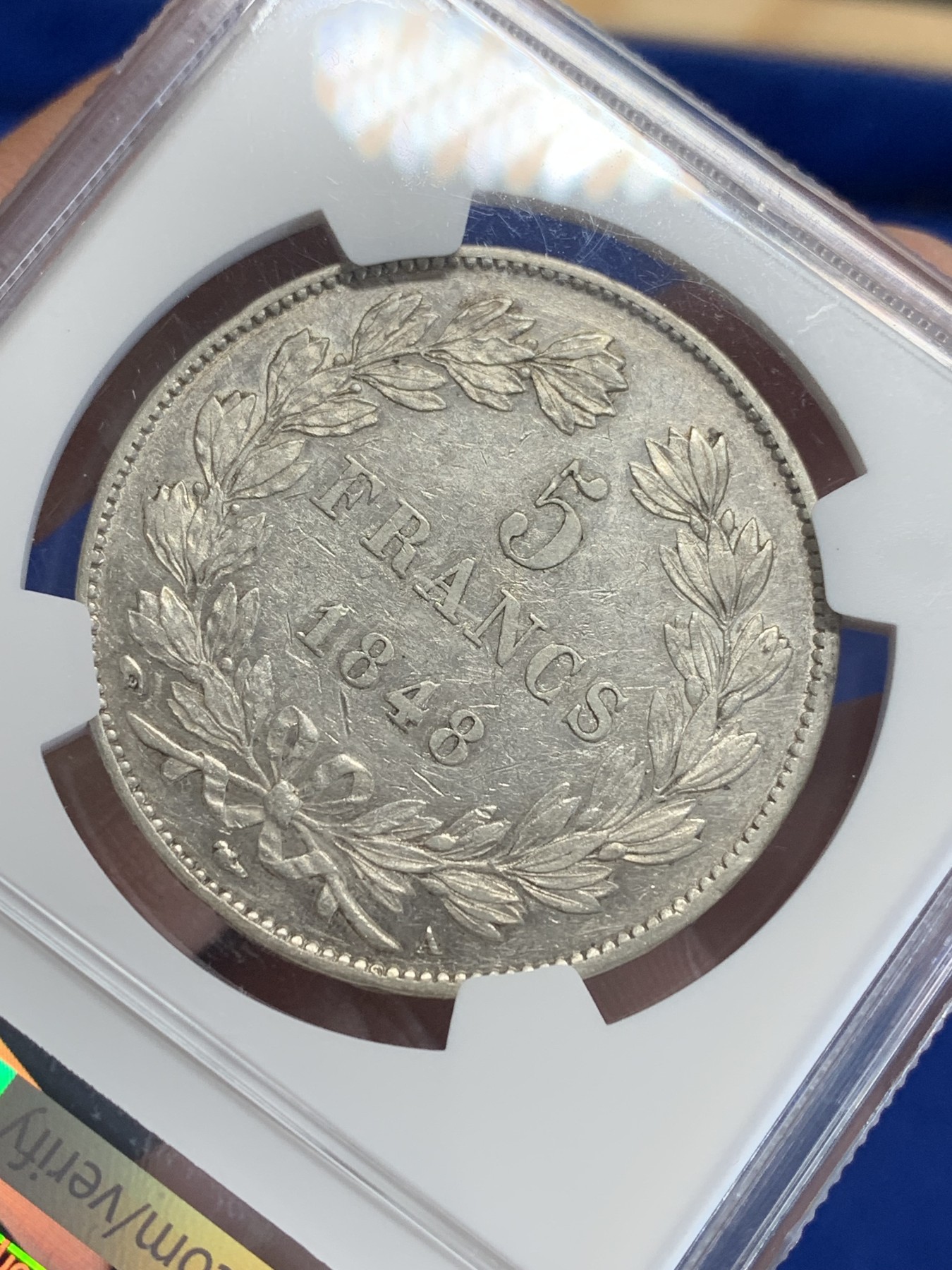 《竞宝斋》第207场-周日，周一 2场 (全场包邮) NGC-AUD 法国1848年菲利普一世5法郎大银币，磨损较少