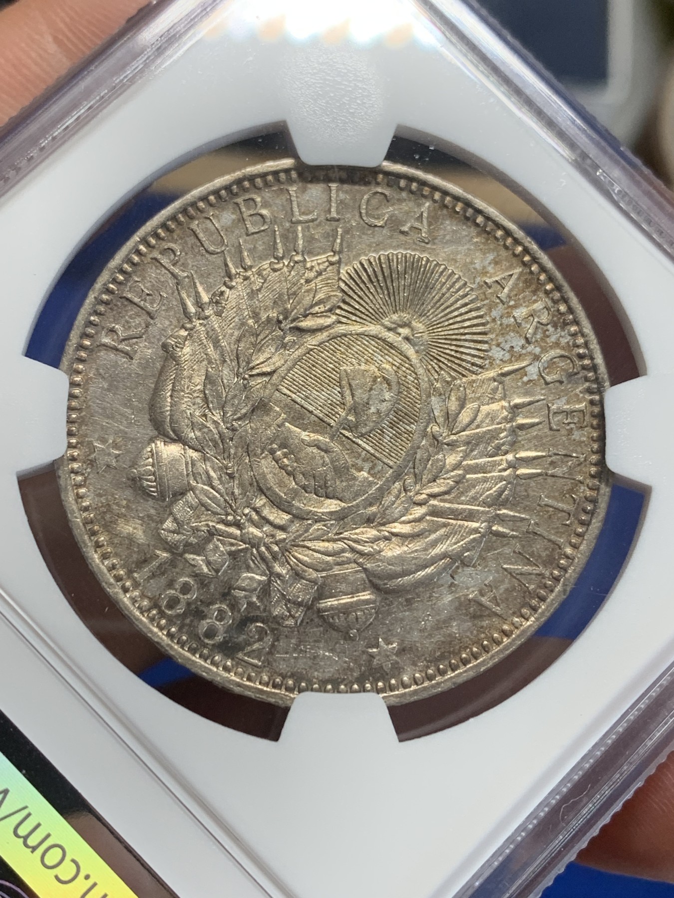 《竞宝斋》第207场-周日，周一 2场 (全场包邮) NGC AUD  1882  阿根廷1比索大银币 热门南美大银 带彩包浆 可以再养养送评