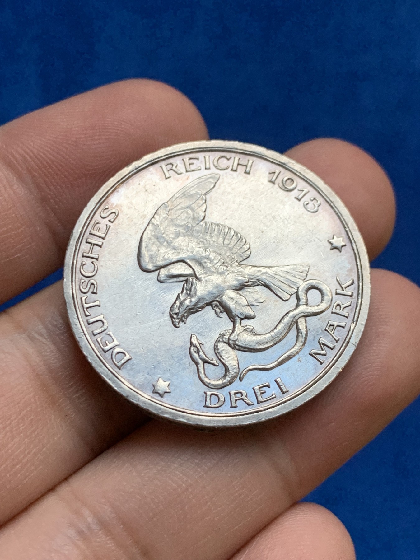 《竞宝斋》第207场-周日，周一 2场 (全场包邮) 德国1913年普鲁士战胜拿破仑3马克银币 底光好 状态佳