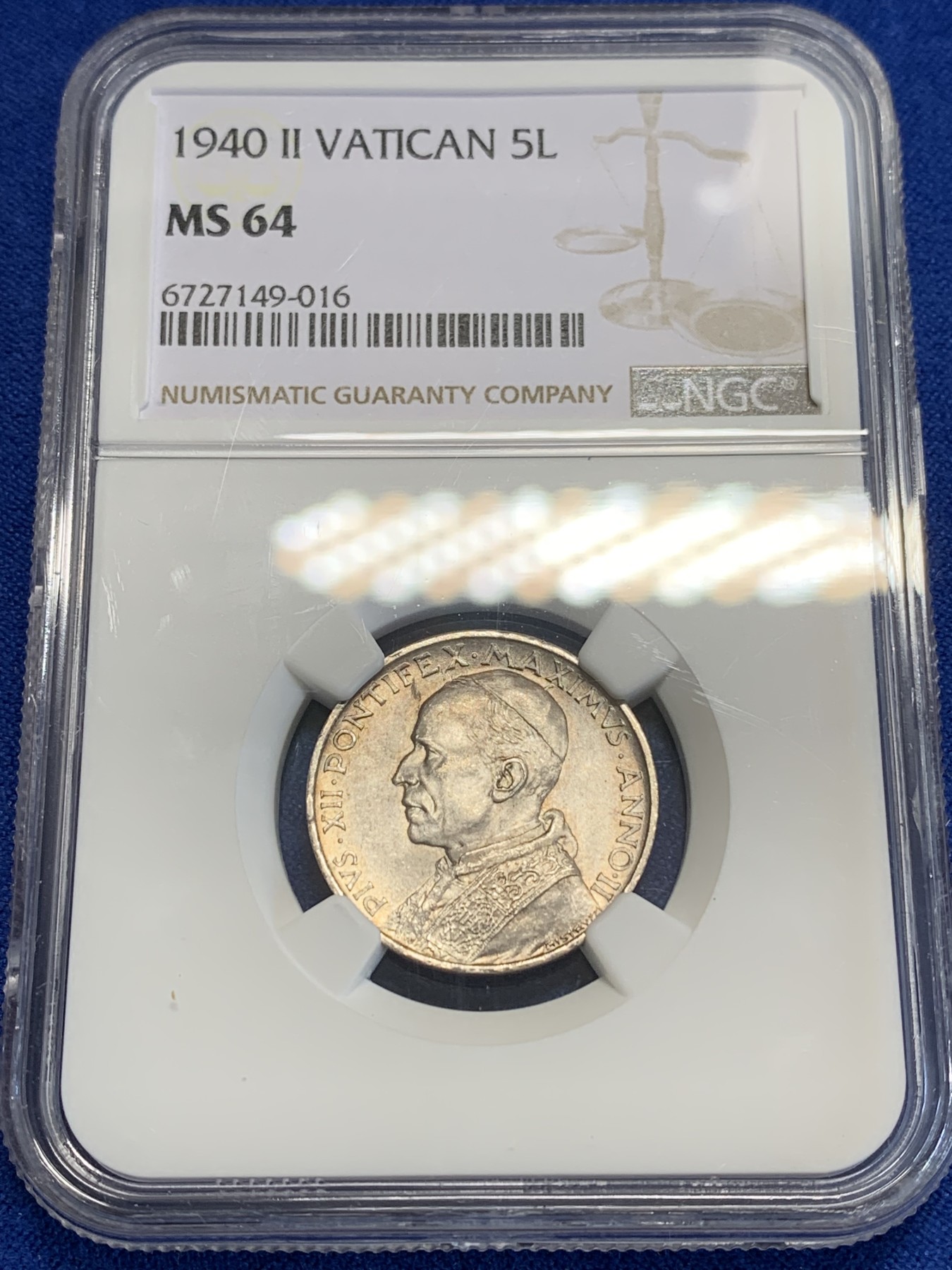 《竞宝斋》第207场-周日，周一 2场 (全场包邮) NGC-MS64 梵蒂冈 1940年 划船 5里拉 银币 黄油彩