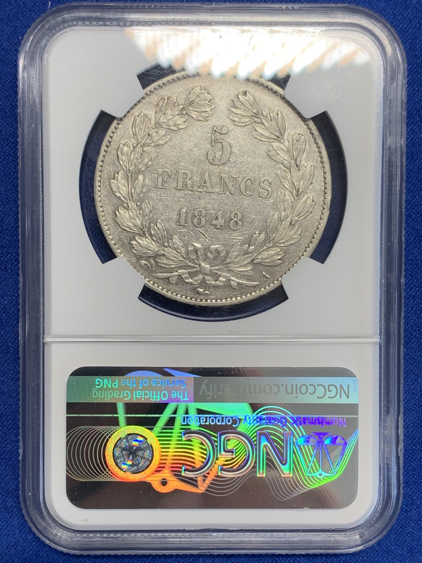 《竞宝斋》第207场-周日，周一 2场 (全场包邮) NGC-AUD 法国1848年菲利普一世5法郎大银币，磨损较少