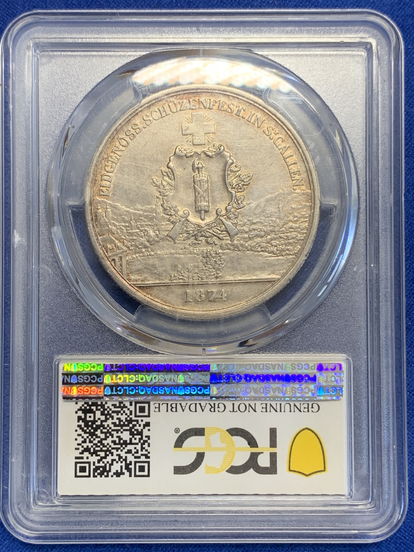 《竞宝斋》第207场-周日，周一 2场 (全场包邮) PCGS-AUD 瑞士1874年圣加仑射击节5法郎银币，发行量5W枚，老洗，现在快形成新的包浆了