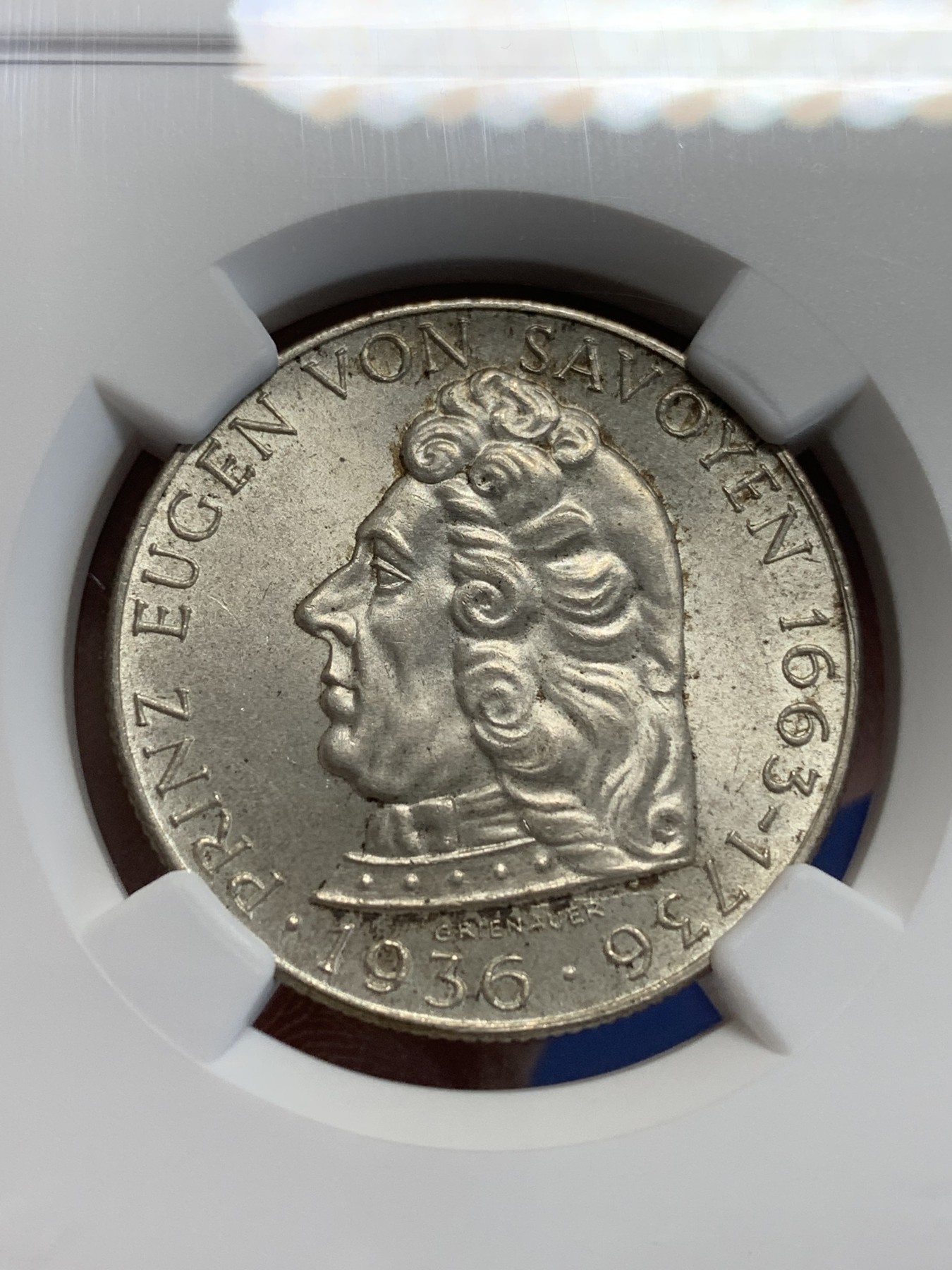 《竞宝斋》第207场-周日，周一 2场 (全场包邮) NGC-MS64 奥地利 1936年 欧根亲王 2先令 银币