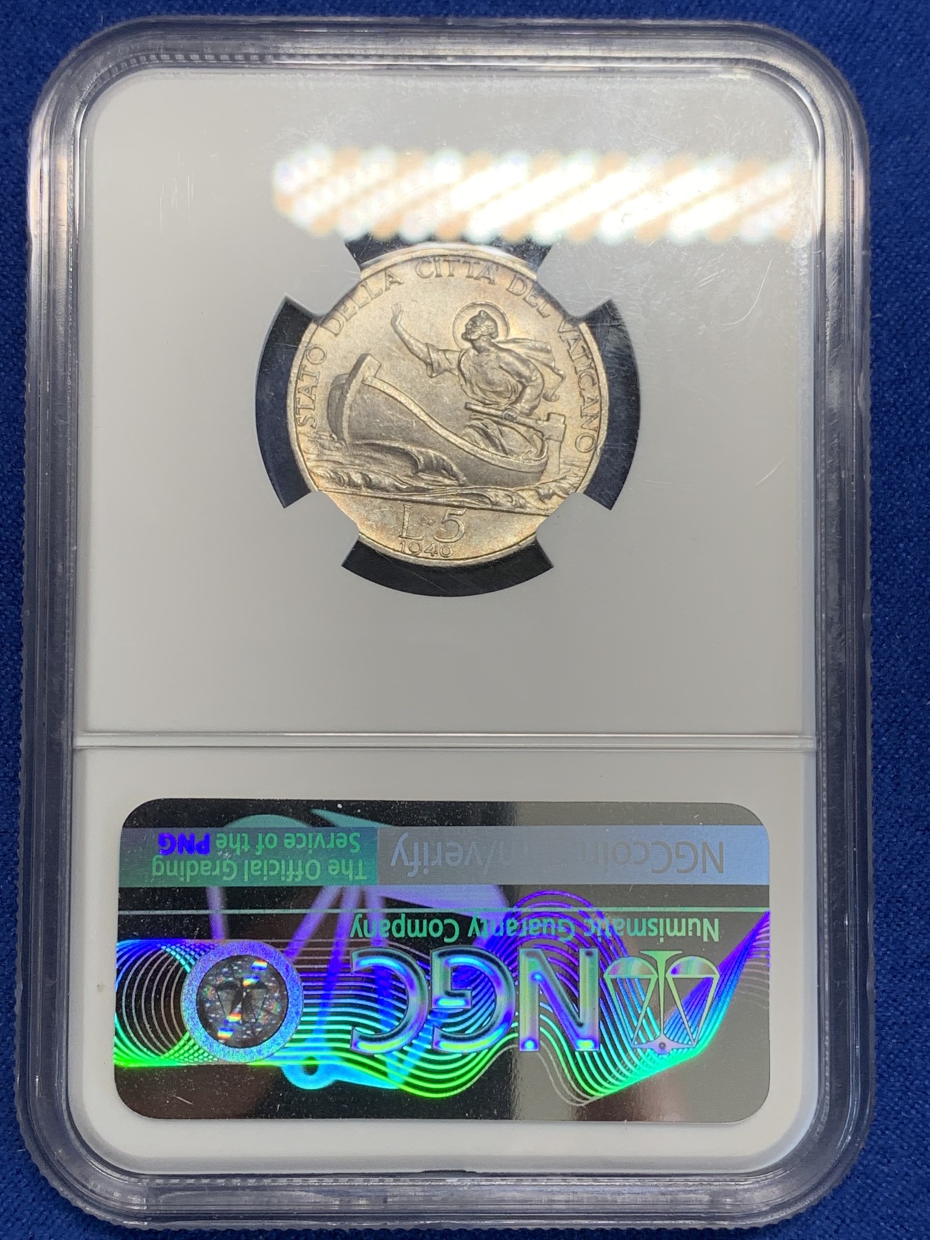 《竞宝斋》第207场-周日，周一 2场 (全场包邮) NGC-MS64 梵蒂冈 1940年 划船 5里拉 银币 黄油彩