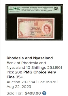 【Blue Auction】✨世界纸币精拍第380期【精】 罗德西亚和尼亚萨兰 1957年10先令 BWC出品 大冠女王 背面很有意境唯美 PMG35 