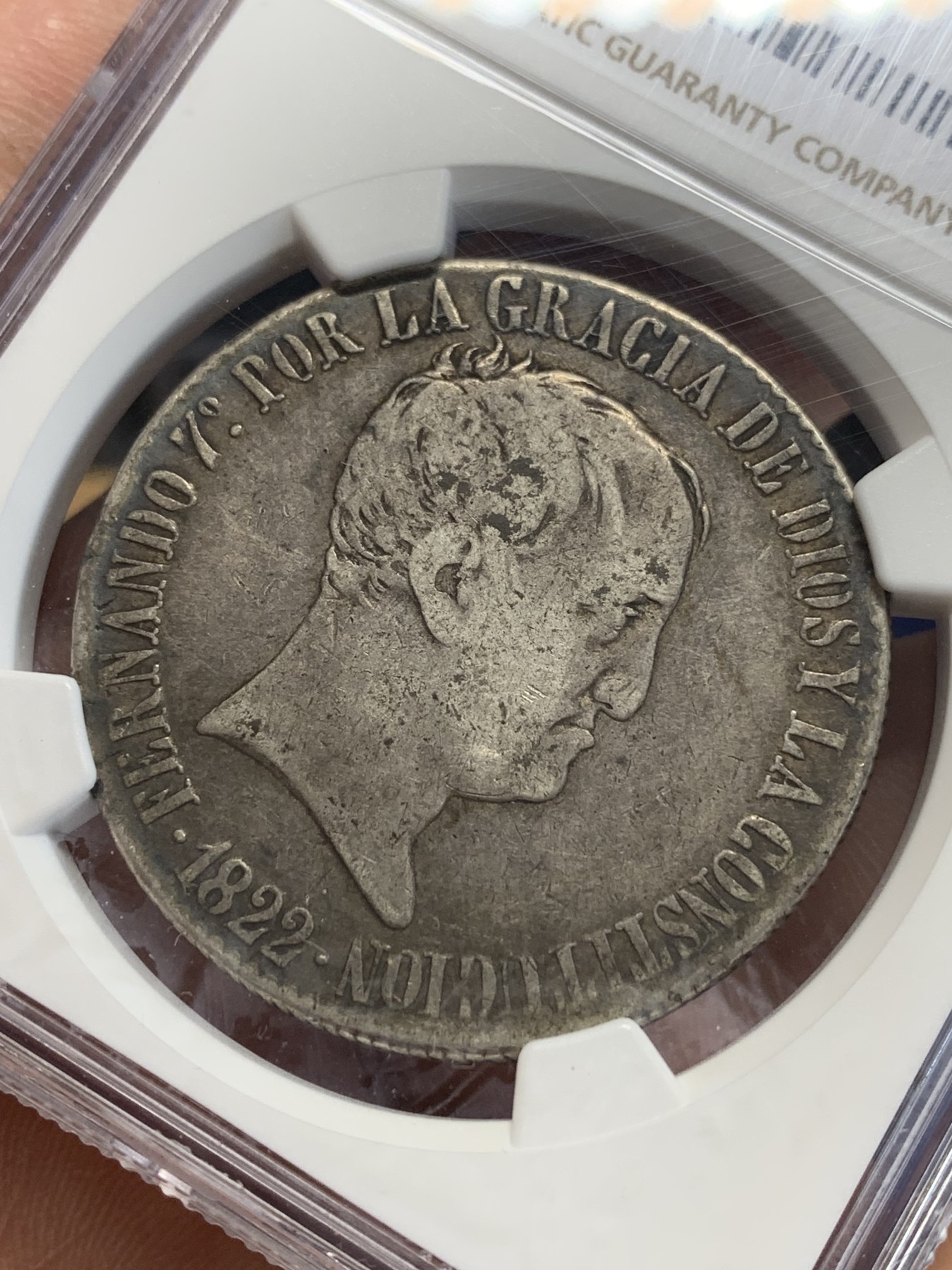 《竞宝斋》第207场-周日，周一 2场 (全场包邮) NGC-VF20 西班牙费尔南多七世 1822年 巴塞罗那造 20R 大银币 原味包浆 非常少见品种