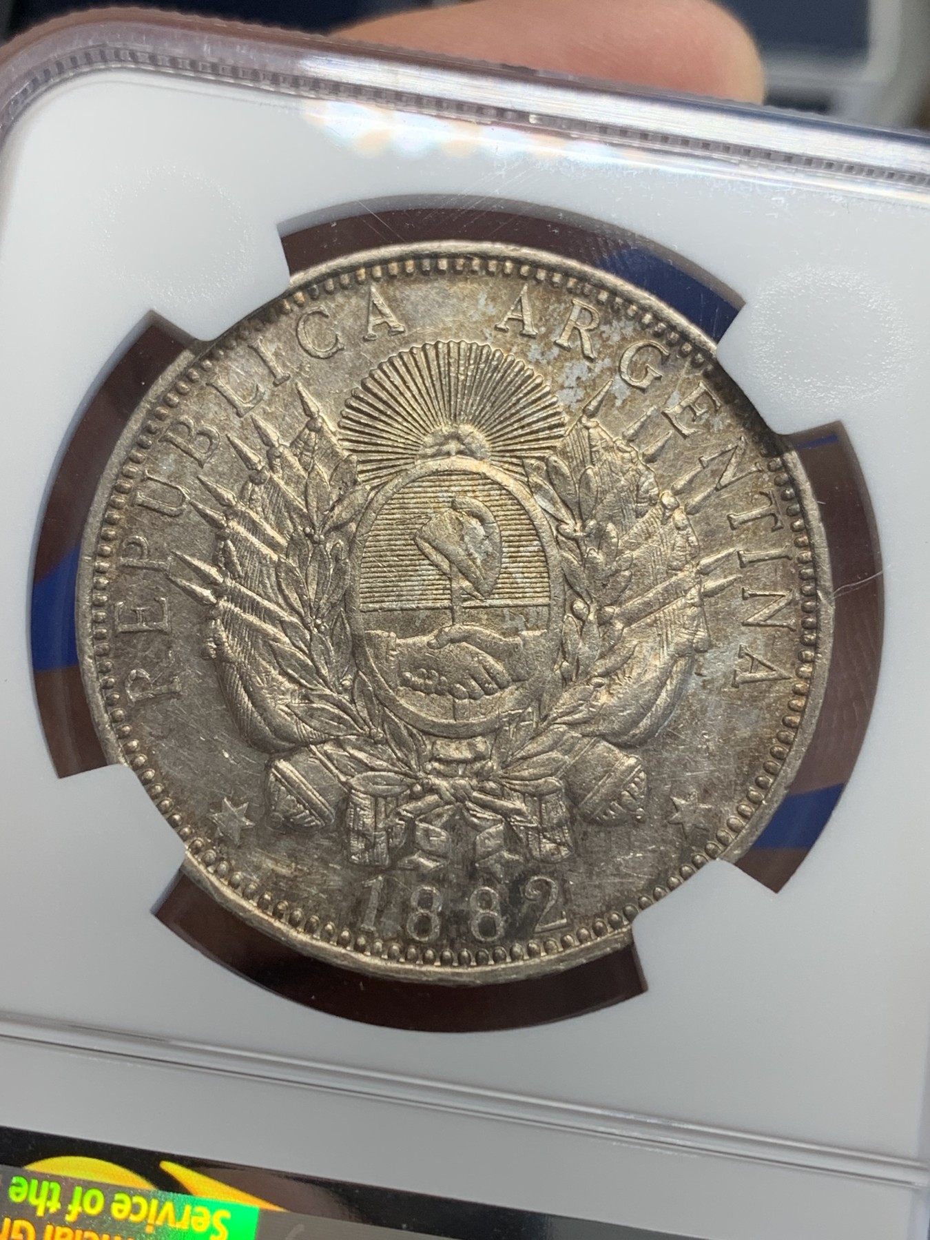 《竞宝斋》第207场-周日，周一 2场 (全场包邮) NGC AUD  1882  阿根廷1比索大银币 热门南美大银 带彩包浆 可以再养养送评