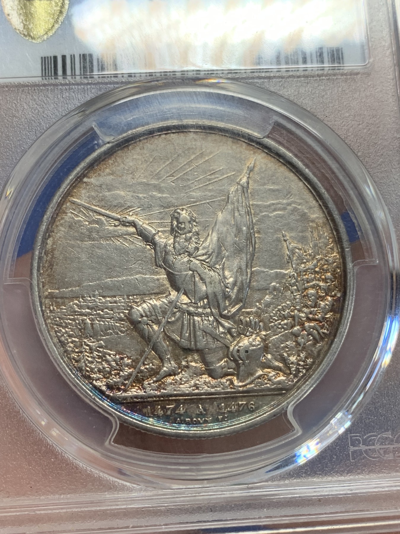 《竞宝斋》第207场-周日，周一 2场 (全场包邮) PCGS-AUD 瑞士1874年圣加仑射击节5法郎银币，发行量5W枚，老洗，现在快形成新的包浆了
