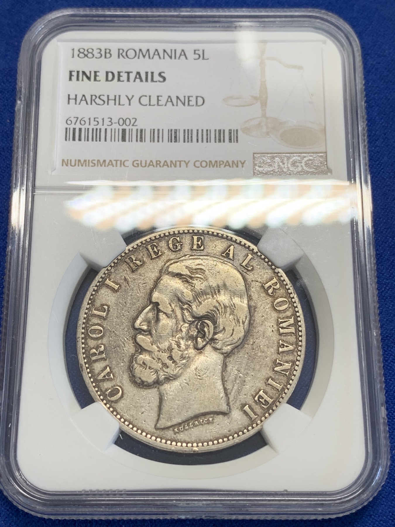 《竞宝斋》第207场-周日，周一 2场 (全场包邮) NGC fine details 罗马尼亚1883年卡罗尔一世5lei稀少款银币