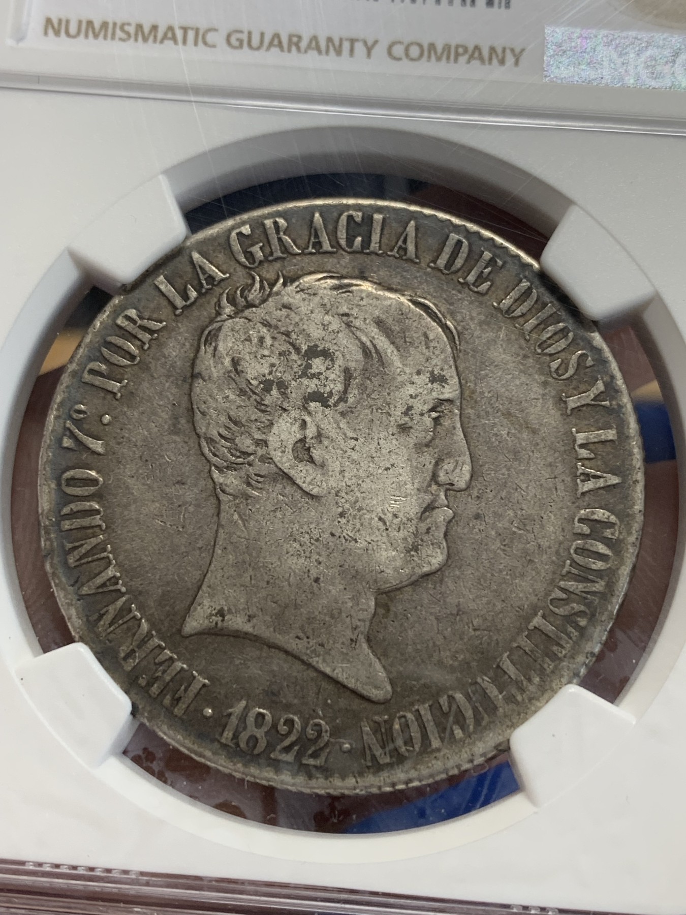 《竞宝斋》第207场-周日，周一 2场 (全场包邮) NGC-VF20 西班牙费尔南多七世 1822年 巴塞罗那造 20R 大银币 原味包浆 非常少见品种