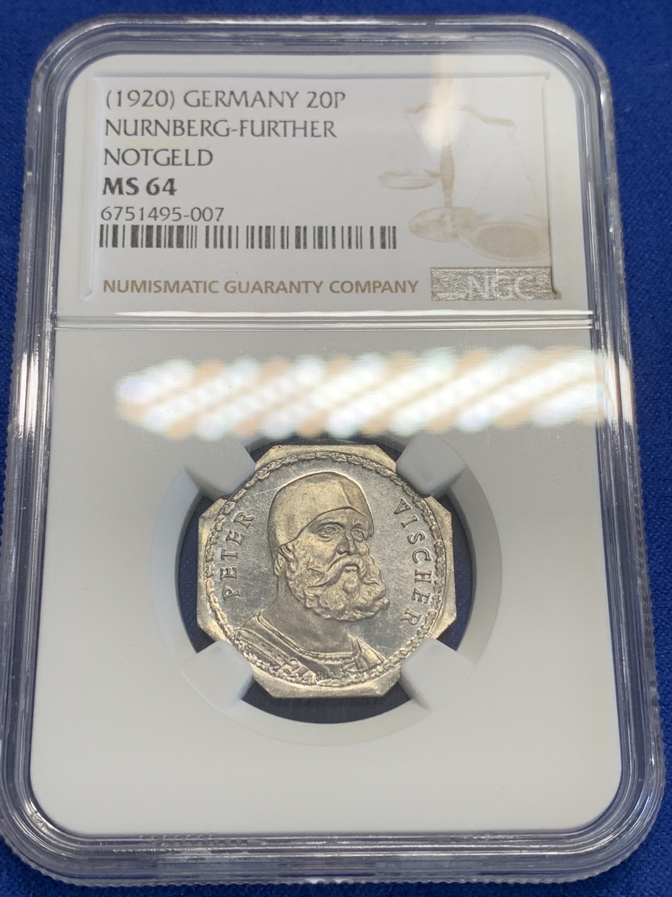 《竞宝斋》第207场-周日，周一 2场 (全场包邮) NGC-MS64 1920年德国紧急状态时期纽伦堡20芬尼 人物代币