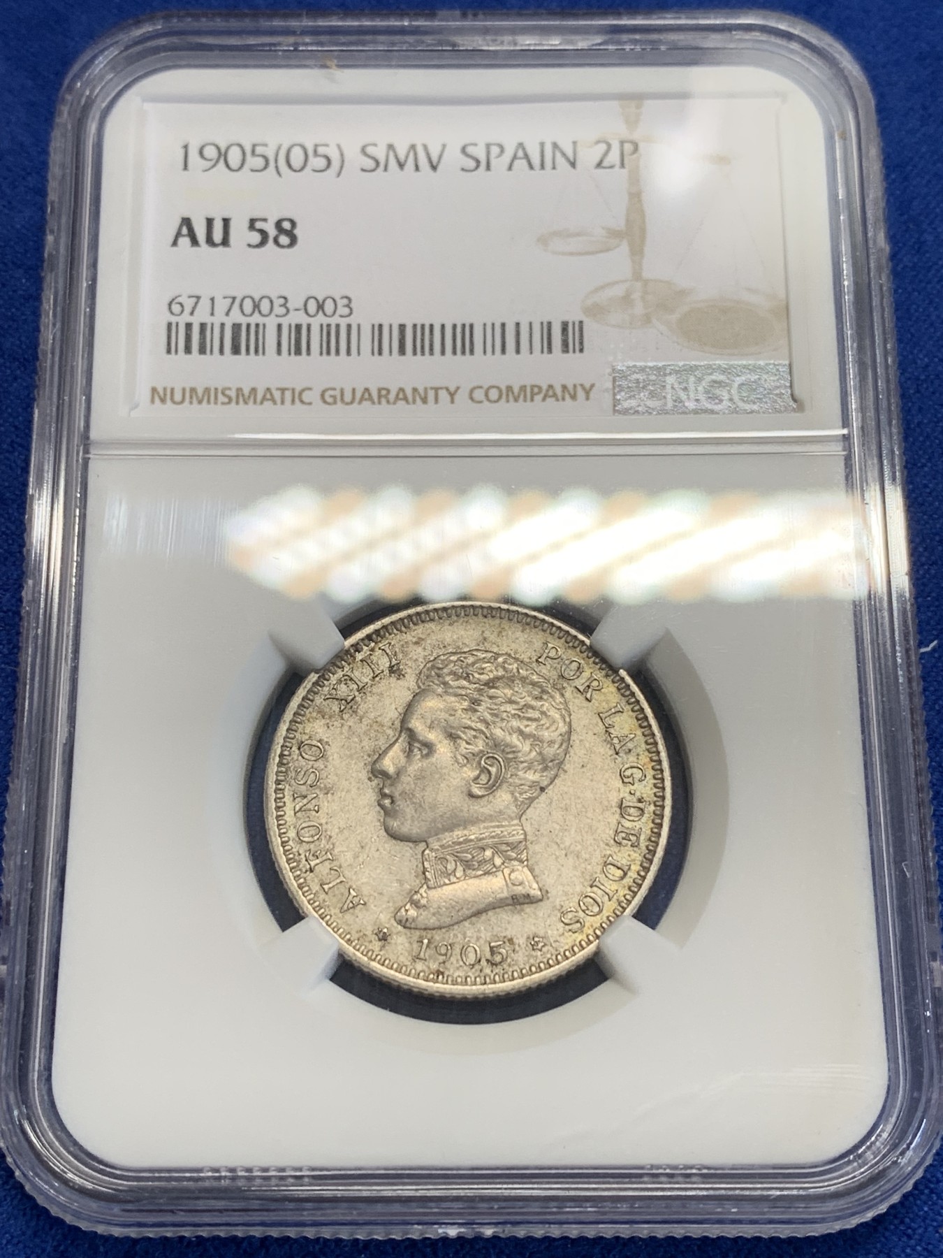 《竞宝斋》第207场-周日，周一 2场 (全场包邮) NGC-AU58 西班牙1905阿方索十三世2比塞塔银币