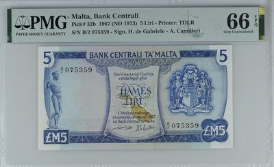 收藏联盟Quantum Auction 第297期拍卖  - 马耳他1967 (ND 1973)年5里拉 PMG66 德纳罗彩背 稀少b版高分 号码无4