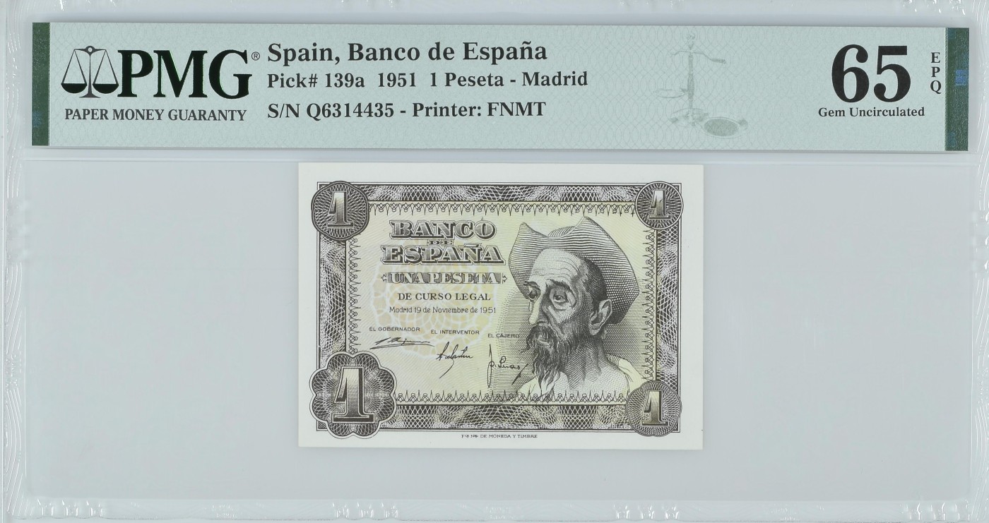 紫瑗钱币——第318期拍卖—纸币场 【PMG 65 EPQ】西班牙 1951年 唐·吉诃德 1比塞塔 (p-139a)
