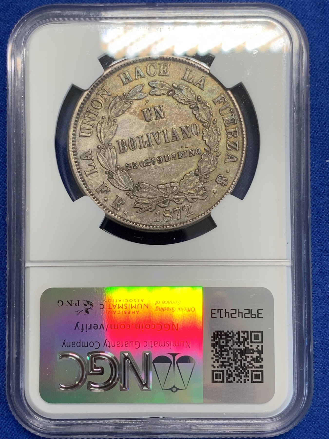 《竞宝斋》第207场-周日，周一 2场 (全场包邮) NGC AUD  1872  玻利维亚1玻利瓦尔银币 热门南美大银 带彩包浆