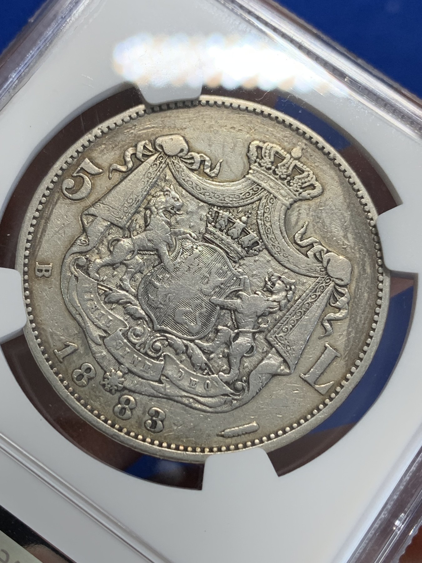 《竞宝斋》第207场-周日，周一 2场 (全场包邮) NGC fine details 罗马尼亚1883年卡罗尔一世5lei稀少款银币