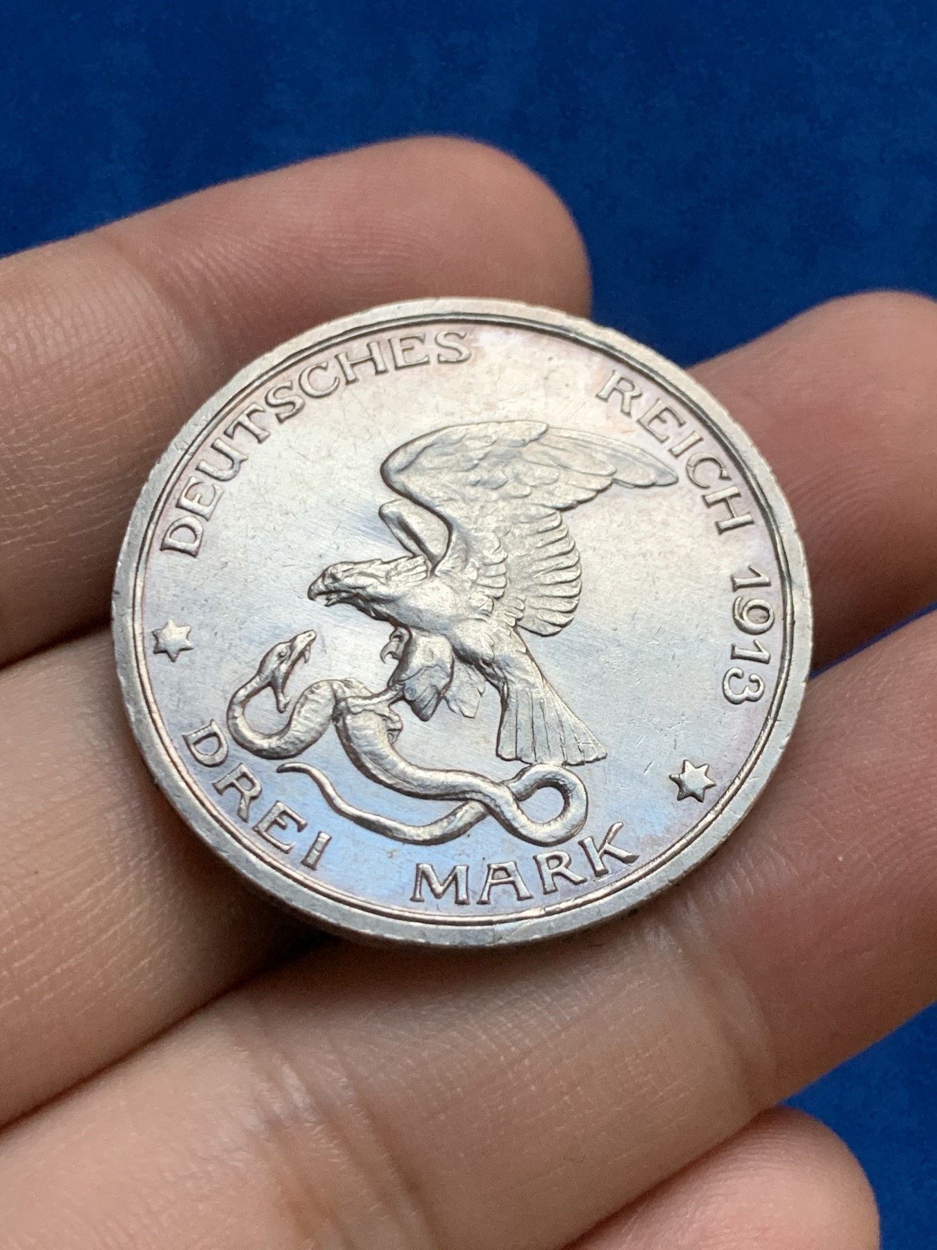 《竞宝斋》第207场-周日，周一 2场 (全场包邮) 德国1913年普鲁士战胜拿破仑3马克银币 底光好 状态佳