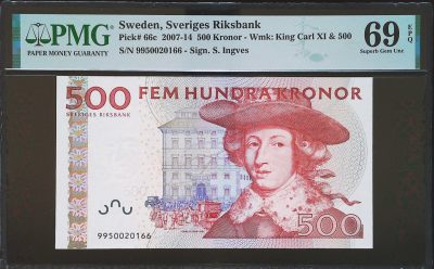 世界靓号纸钞第三十期 - 2009年瑞典老版500克朗 靓号全程无347尾66 PMG69 唯二冠军分 仅仅只有两张