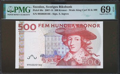 世界靓号纸钞第三十期 - 2009年瑞典老版500克朗 靓号全程无347尾66 PMG69 唯二冠军分 仅仅只有两张