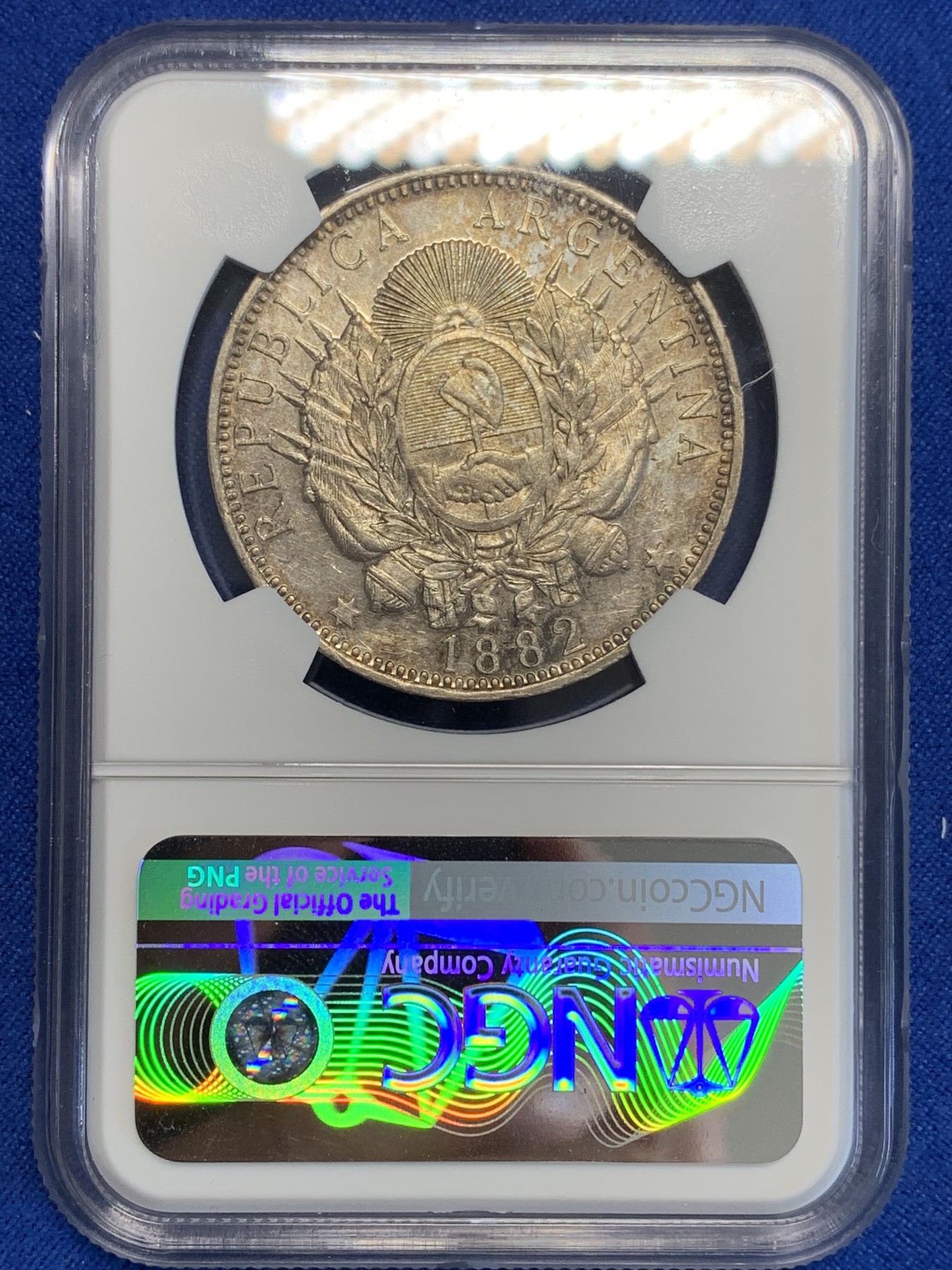 《竞宝斋》第207场-周日，周一 2场 (全场包邮) NGC AUD  1882  阿根廷1比索大银币 热门南美大银 带彩包浆 可以再养养送评