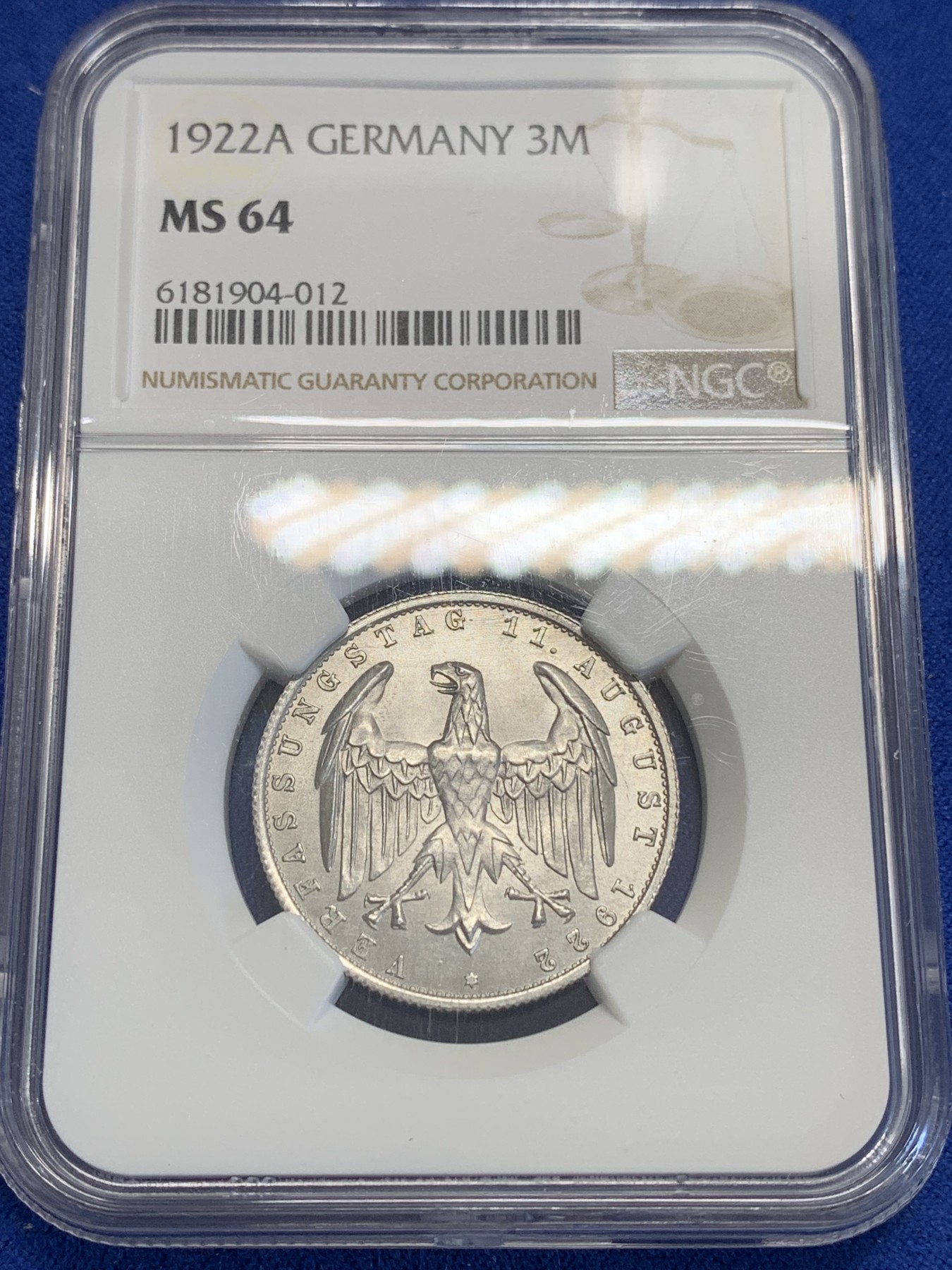 《竞宝斋》第207场-周日，周一 2场 (全场包邮) NGC-MS64 德国魏玛共和国1922年A厂3马克铝币