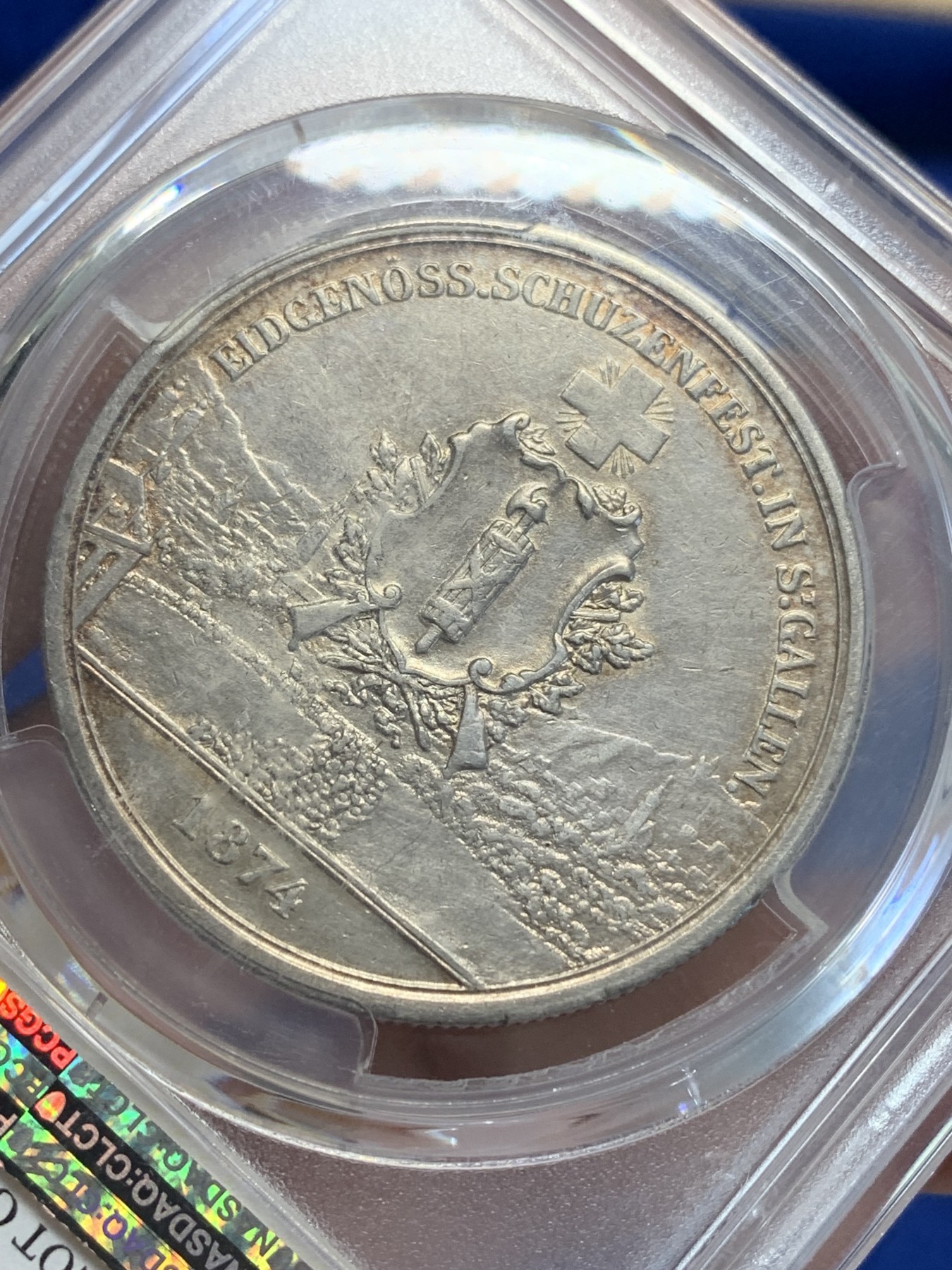 《竞宝斋》第207场-周日，周一 2场 (全场包邮) PCGS-AUD 瑞士1874年圣加仑射击节5法郎银币，发行量5W枚，老洗，现在快形成新的包浆了