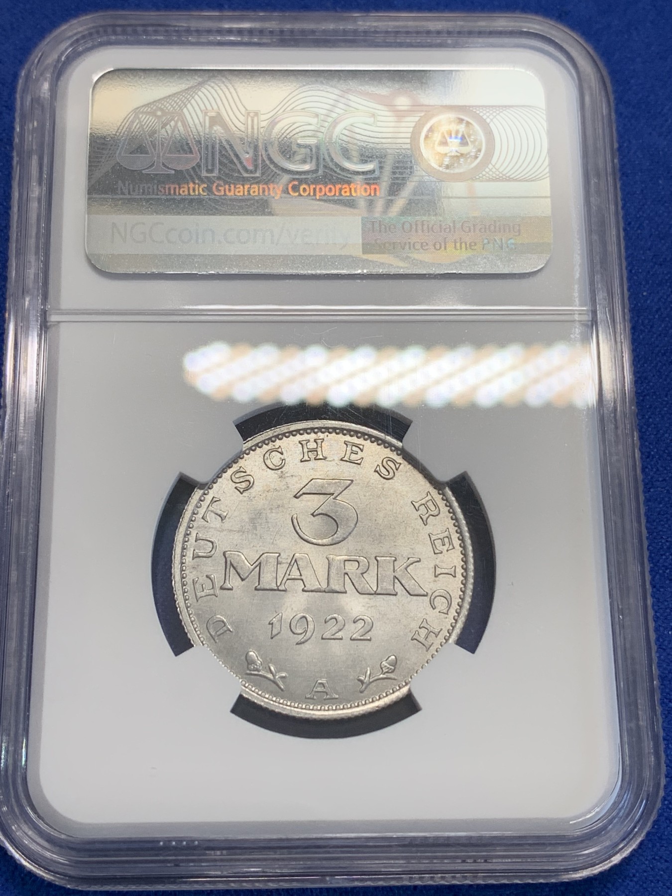 《竞宝斋》第207场-周日，周一 2场 (全场包邮) NGC-MS64 德国魏玛共和国1922年A厂3马克铝币