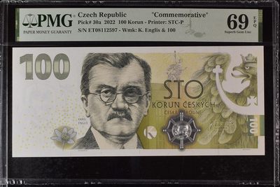 收藏联盟Quantum Auction 第297期拍卖  - 捷克共和国2022年100克朗货币发行100周年纪念钞 PMG69 号码无4