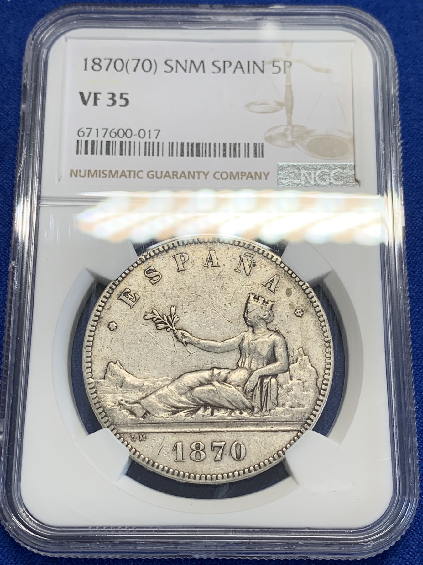 《竞宝斋》第207场-周日，周一 2场 (全场包邮) NGC VF35 西班牙1870年拿花5比塞塔大银币