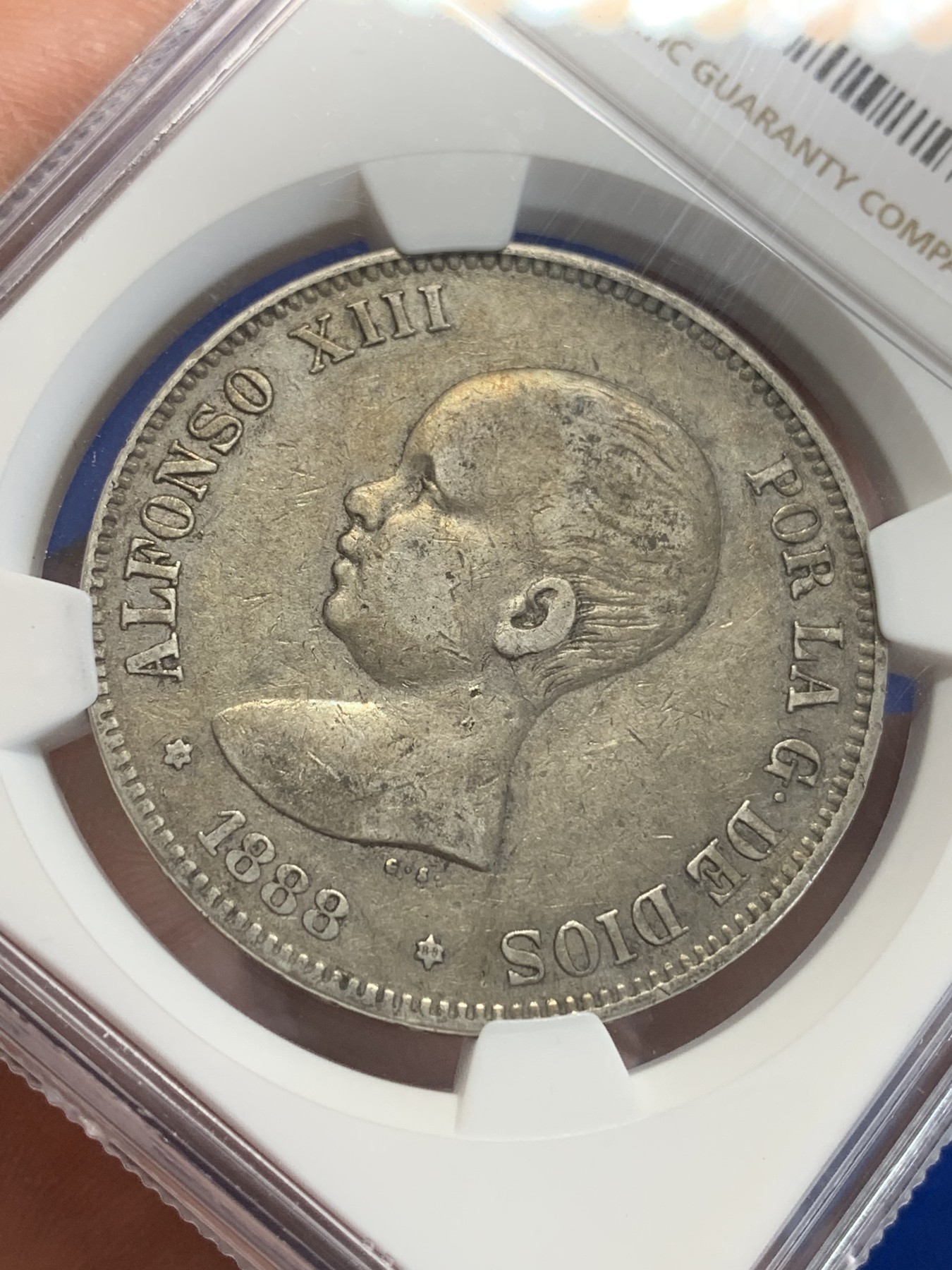 《竞宝斋》第207场-周日，周一 2场 (全场包邮) NGC-VF35 西班牙1888年 阿方索十三世 5比塞塔双柱大银币