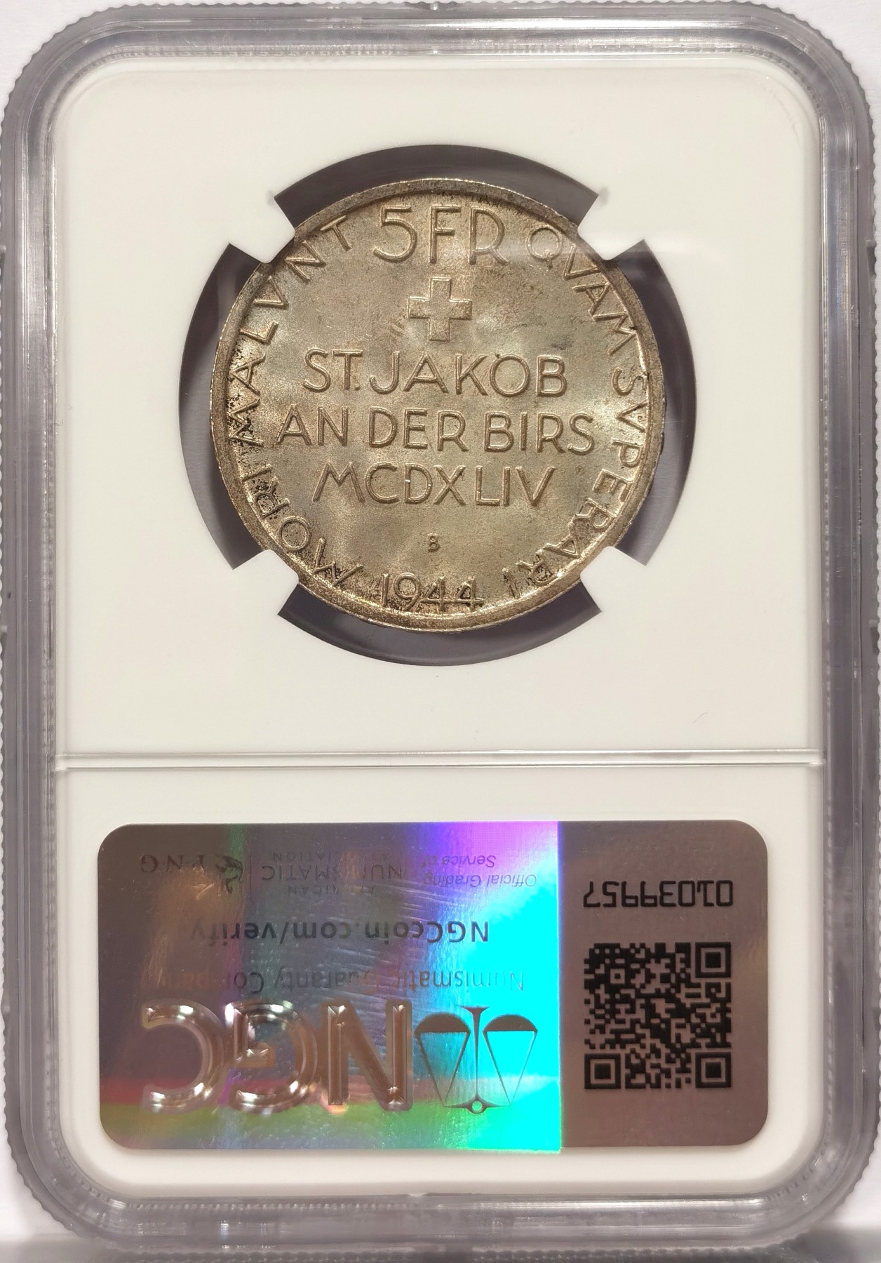 博洋堂世界钱币拍卖第048期（全场包邮） NGC MS64 瑞士1944年圣雅各布战役500周年5法郎银币