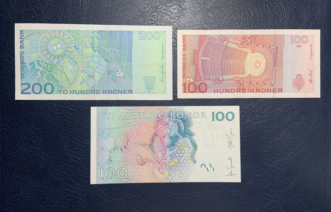 收藏联盟Quantum Auction 第297期拍卖  挪威1995-2011年50-200克朗和瑞典2007年100克朗 非全新 品相如图(挪威两张50克朗为UNC )