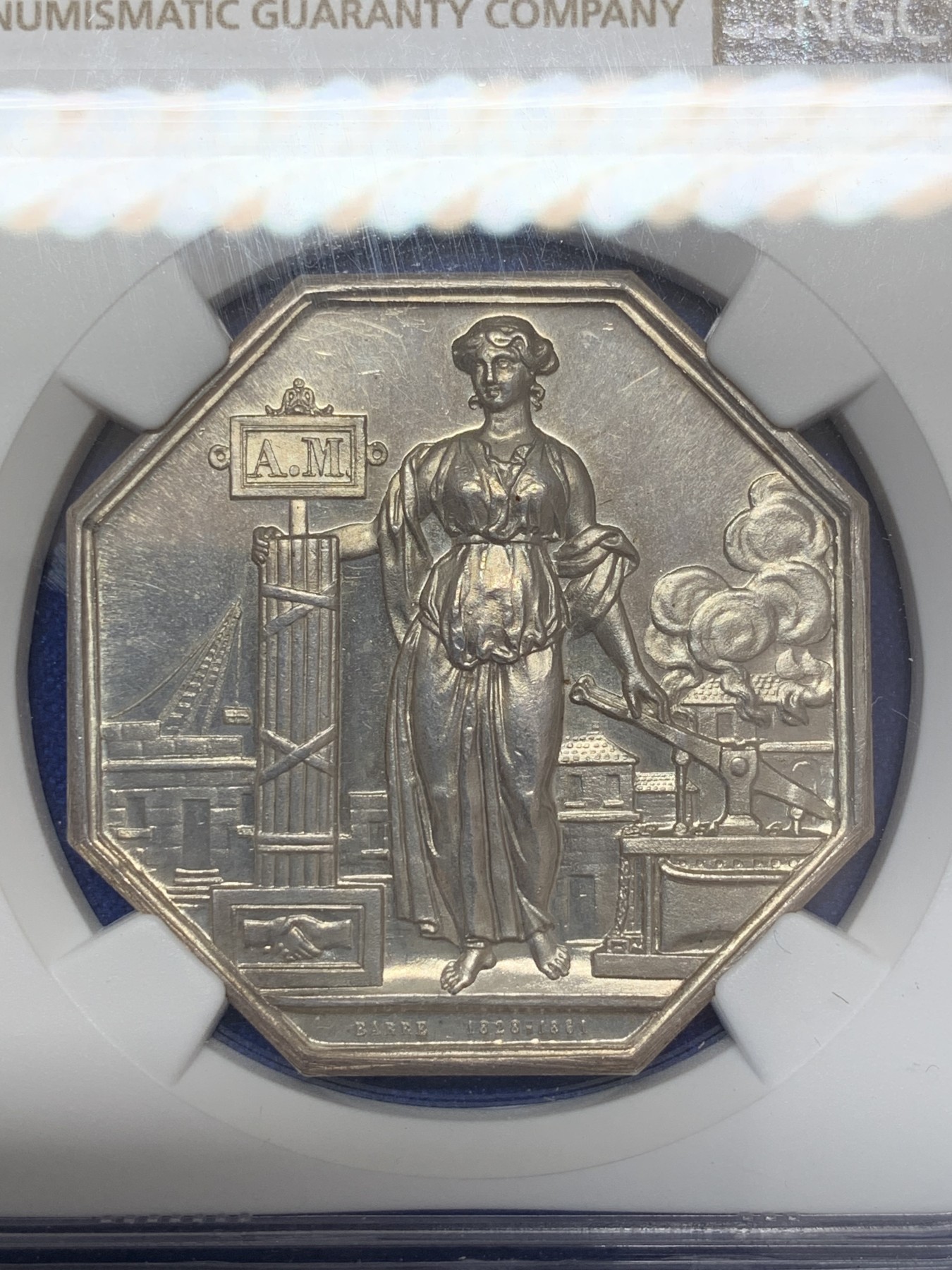 《竞宝斋》第207场-周日，周一 2场 (全场包邮) NGC-MS64 法国 1861年 塞纳-瓦兹省保险 八角银质代币 BARRE大师作品 类镜面，高分好品