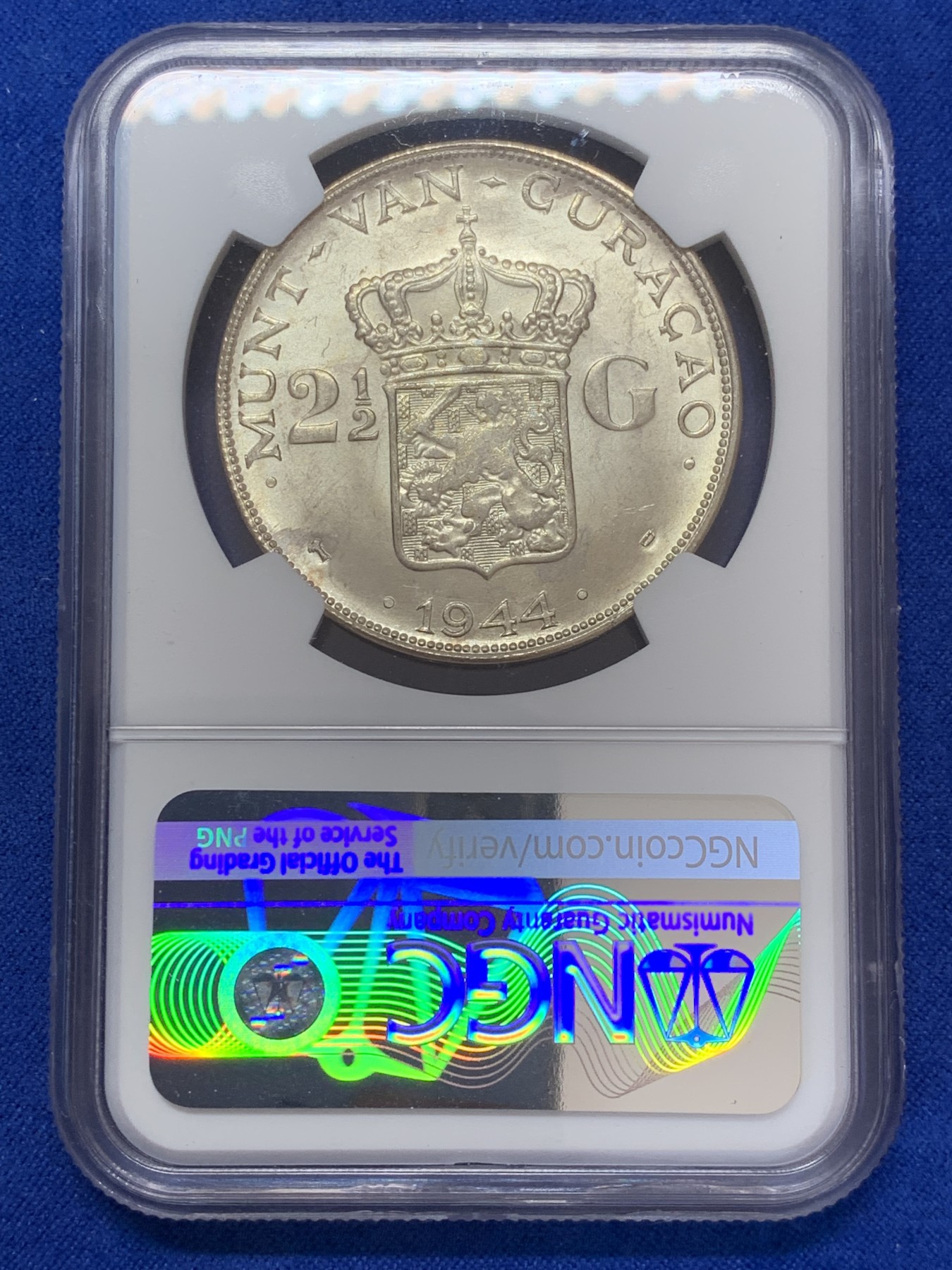 《竞宝斋》第207场-周日，周一 2场 (全场包邮) NGC MS62 1944-D年荷属库拉索威廉明娜女王2.5盾大银币