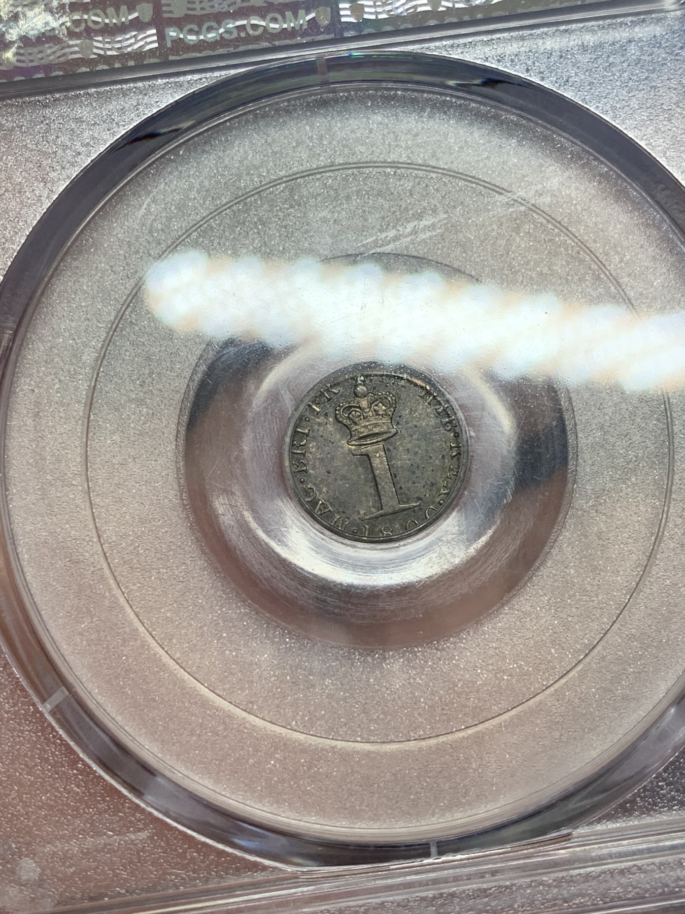 《竞宝斋》第207场-周日，周一 2场 (全场包邮) PCGS MS63 英国1800年乔治三世1便士银币，五彩包浆人像完美