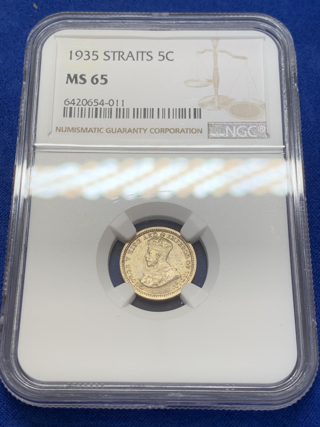 《竞宝斋》第207场-周日，周一 2场 (全场包邮) NGC-MS65 英属海峡殖民地 1935年 5分银币 乔治五世 高分极品 转光强烈