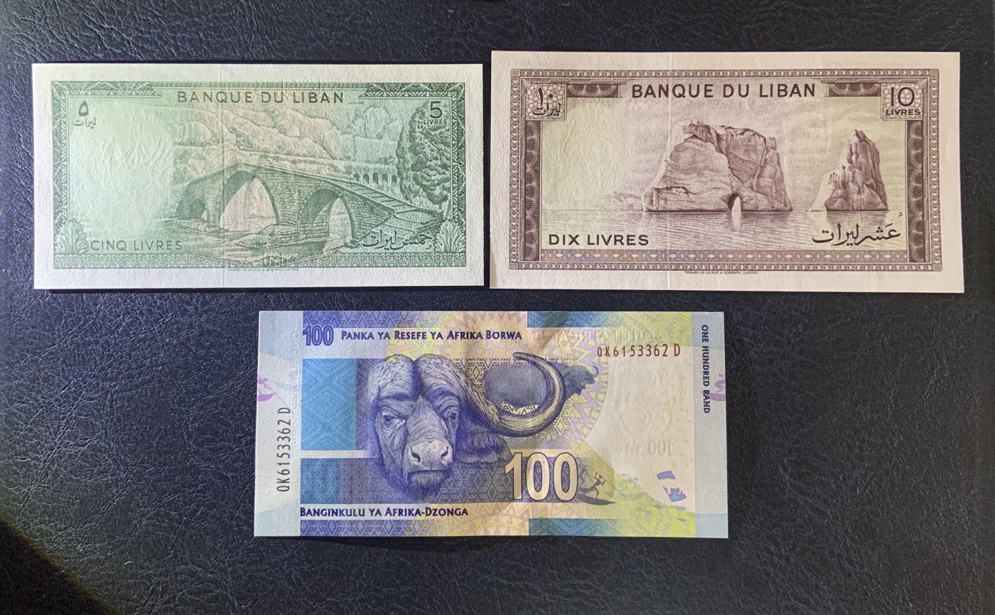 收藏联盟Quantum Auction 第297期拍卖  南非2015年100兰特和黎巴嫩1986年5和10里弗 品相UNC 南非上边缘有轻微瑕疵 细节如图