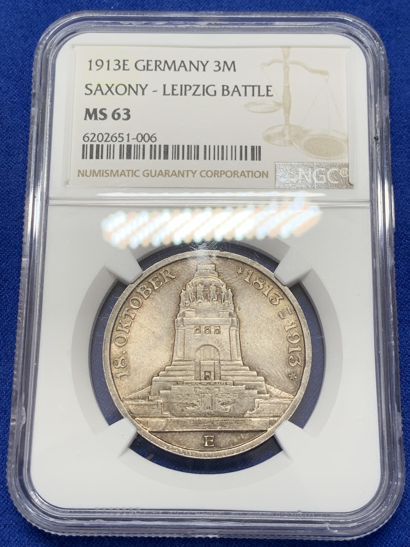 《竞宝斋》第207场-周日，周一 2场 (全场包邮) NGC-MS63 德国1913年萨克森莱比锡战役建功碑3马克银币