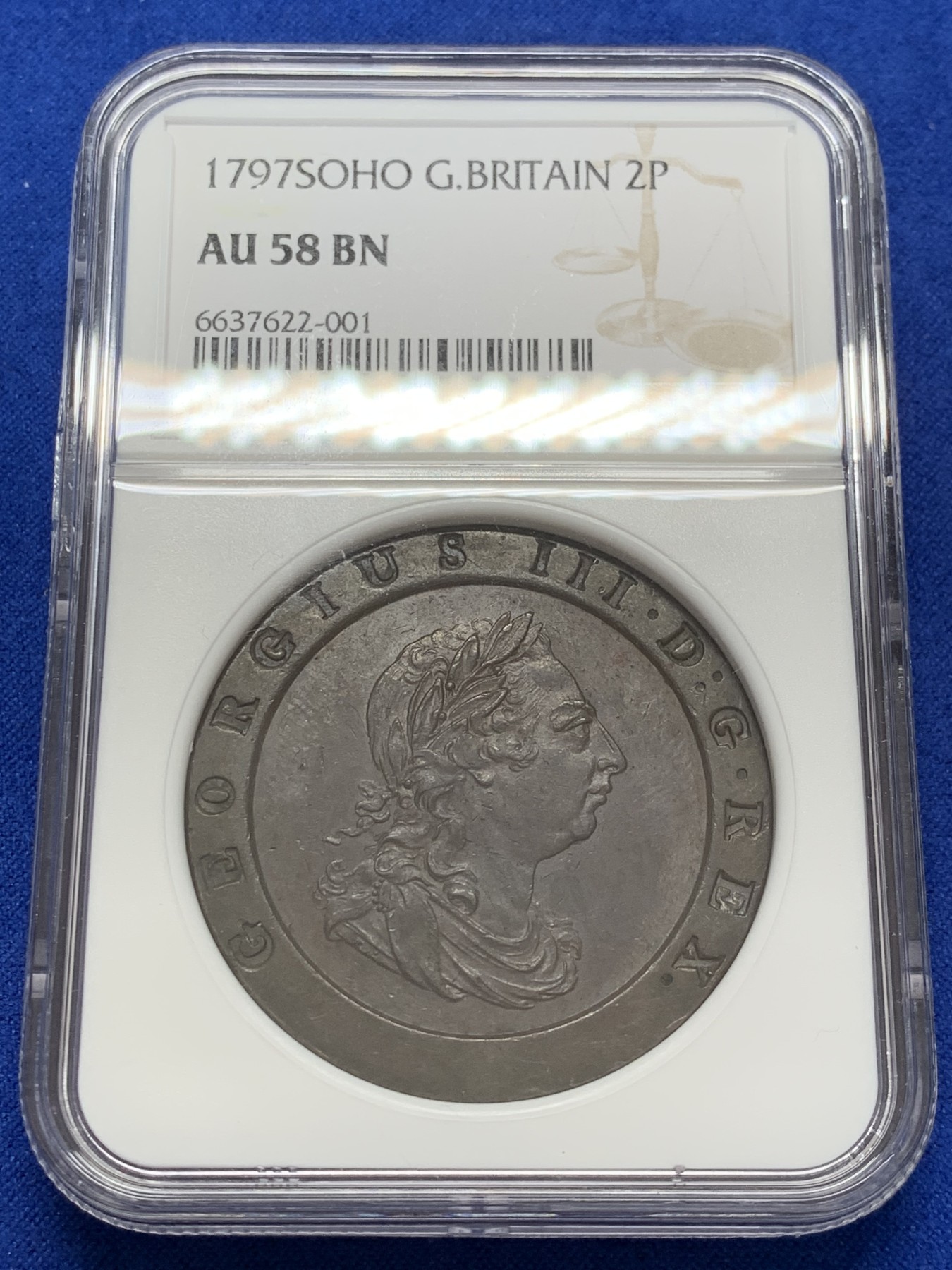 《竞宝斋》第207场-周日，周一 2场 (全场包邮) NGC AU58 英国 1797 车轮2便士大铜币 63分的日本刚成交1.1W 58分性价比高