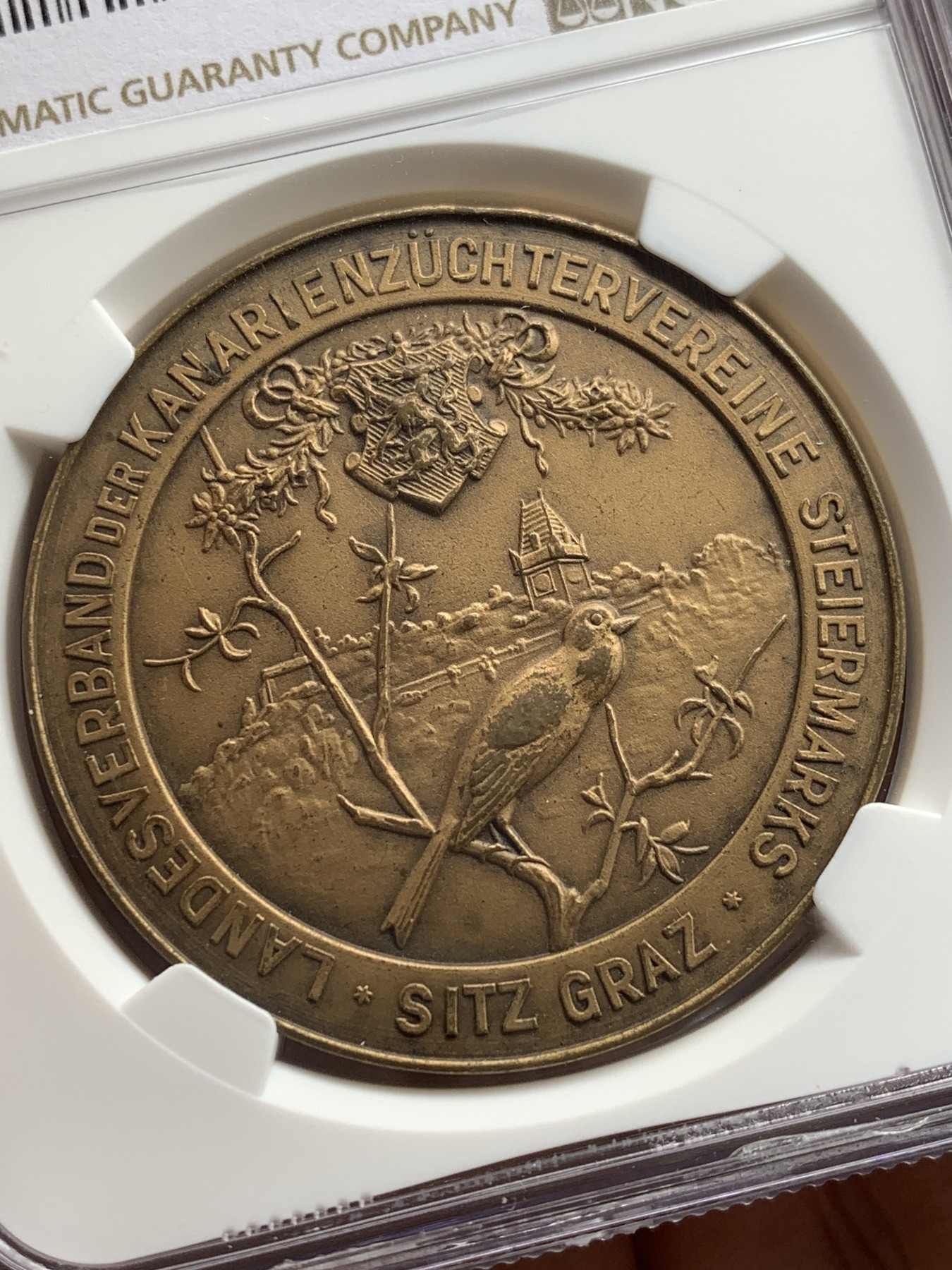 《竞宝斋》第207场-周日，周一 2场 (全场包邮) NGC MS63BN 19世纪奥地利飞鸟协会纪念铜章 少见品种 画面细腻形象