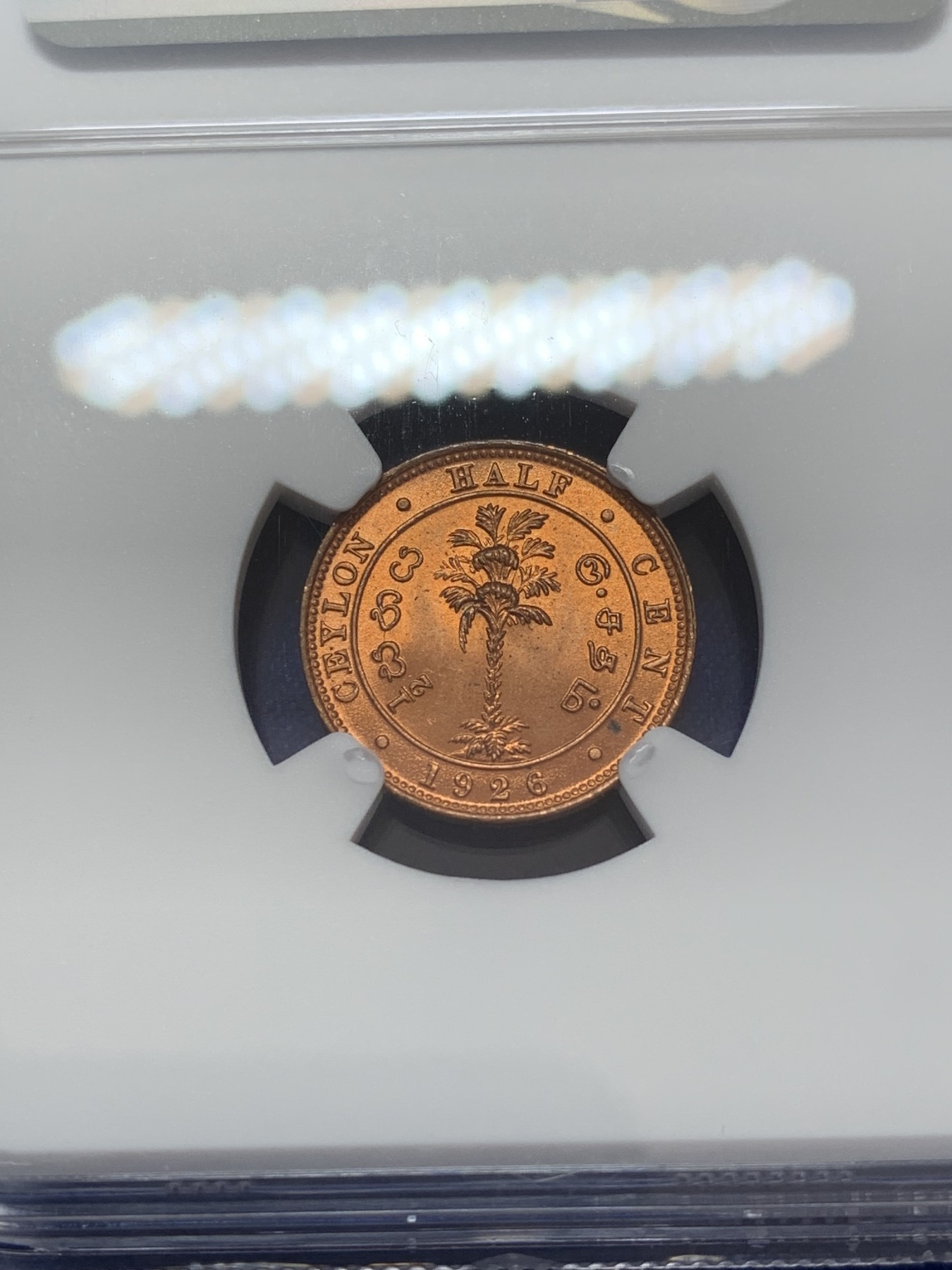 《竞宝斋》第207场-周日，周一 2场 (全场包邮) NGC-MS65RD 英属锡兰 1926年 1/2分铜币 乔治五世 原红铜光 极品品相