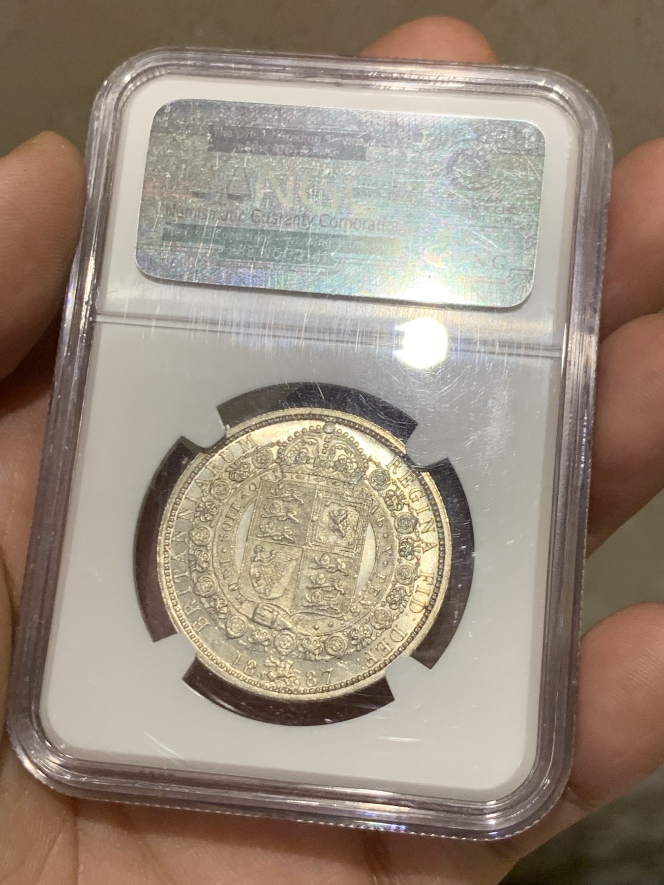 《竞宝斋》第207场-周日，周一 2场 (全场包邮) NGC-MS63 英国1887年维多利亚高冠1/2克朗 半克朗 老盒好转光 实物更好