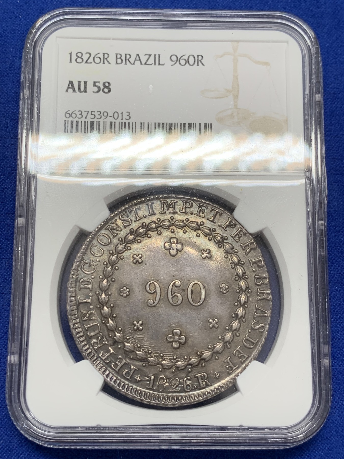 《竞宝斋》第207场-周日，周一 2场 (全场包邮) NGC AU58 巴西 1826 皇冠地球 960R银币 少见品种 状态包浆极好