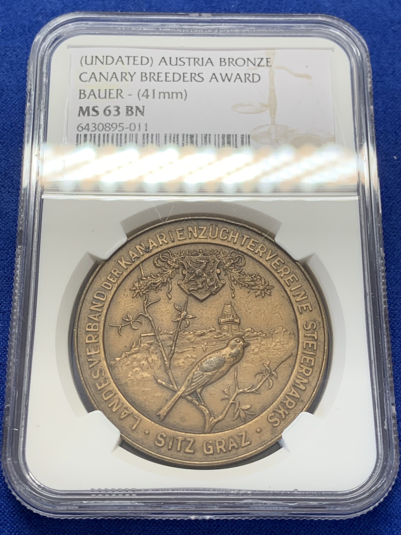 《竞宝斋》第207场-周日，周一 2场 (全场包邮) NGC MS63BN 19世纪奥地利飞鸟协会纪念铜章 少见品种 画面细腻形象