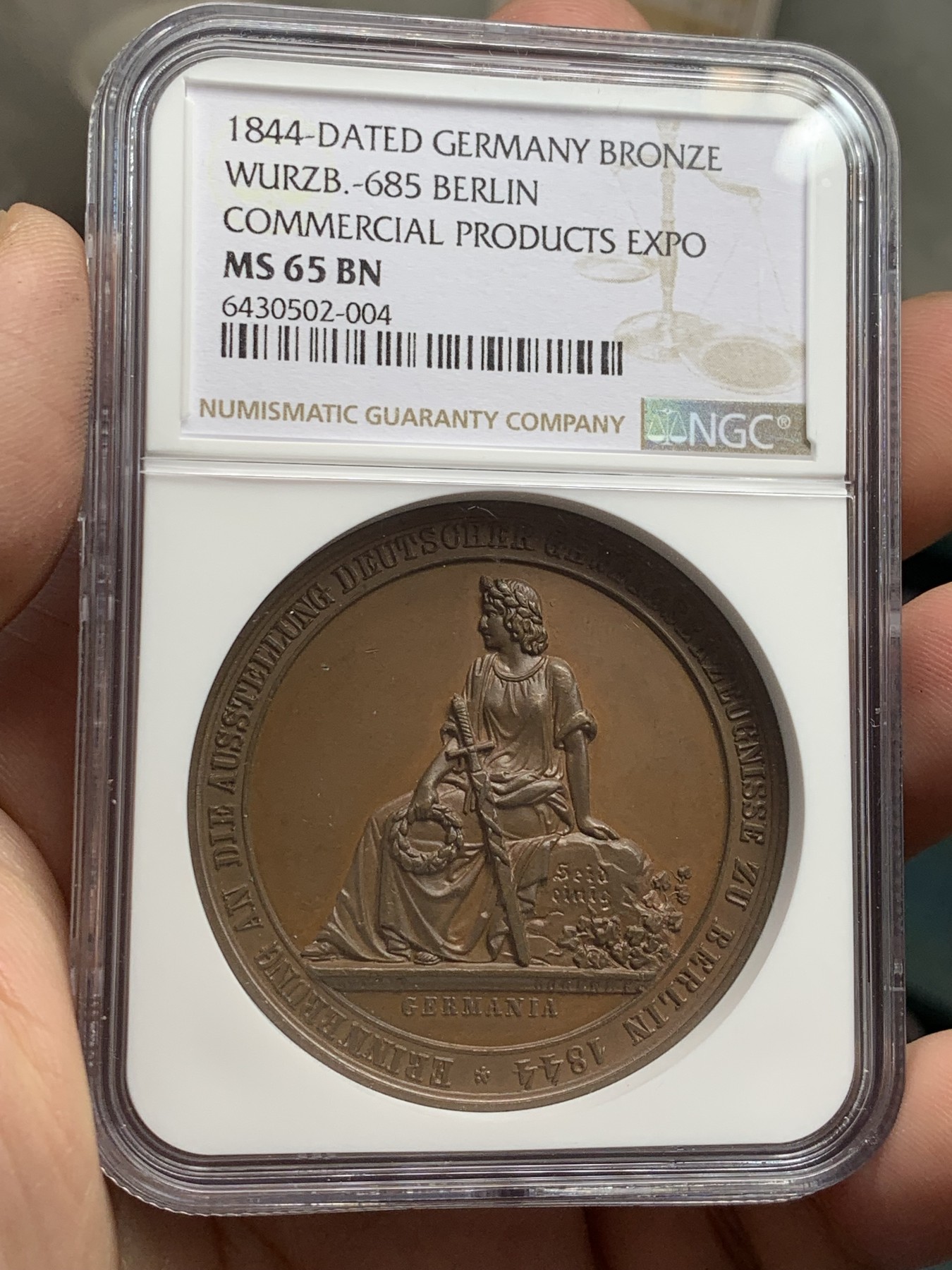 《竞宝斋》第207场-周日，周一 2场 (全场包邮) NGC MS65 德国1844柏林工业博览会铜章 亚军分 两面高浮雕都好看