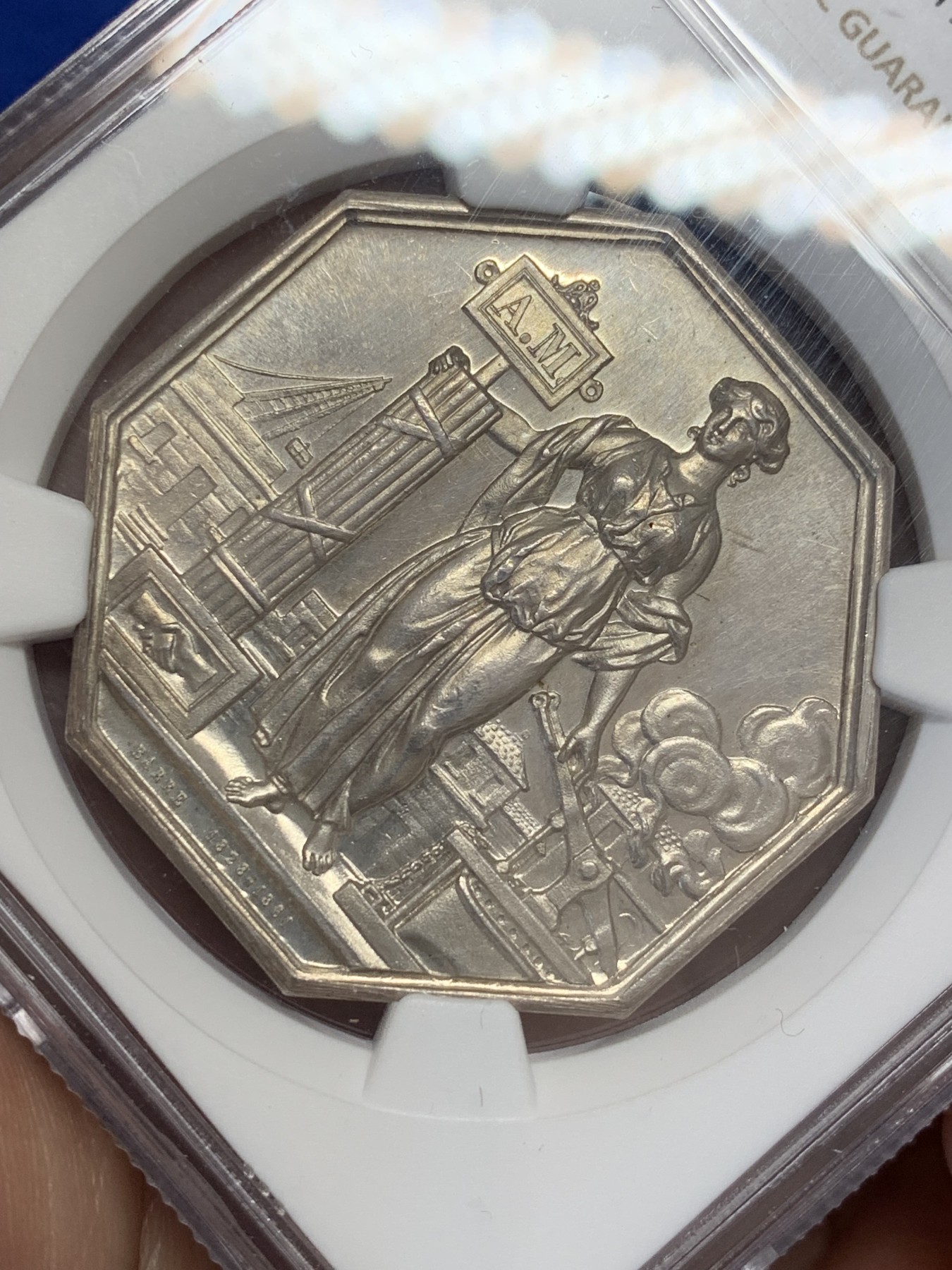 《竞宝斋》第207场-周日，周一 2场 (全场包邮) NGC-MS64 法国 1861年 塞纳-瓦兹省保险 八角银质代币 BARRE大师作品 类镜面，高分好品