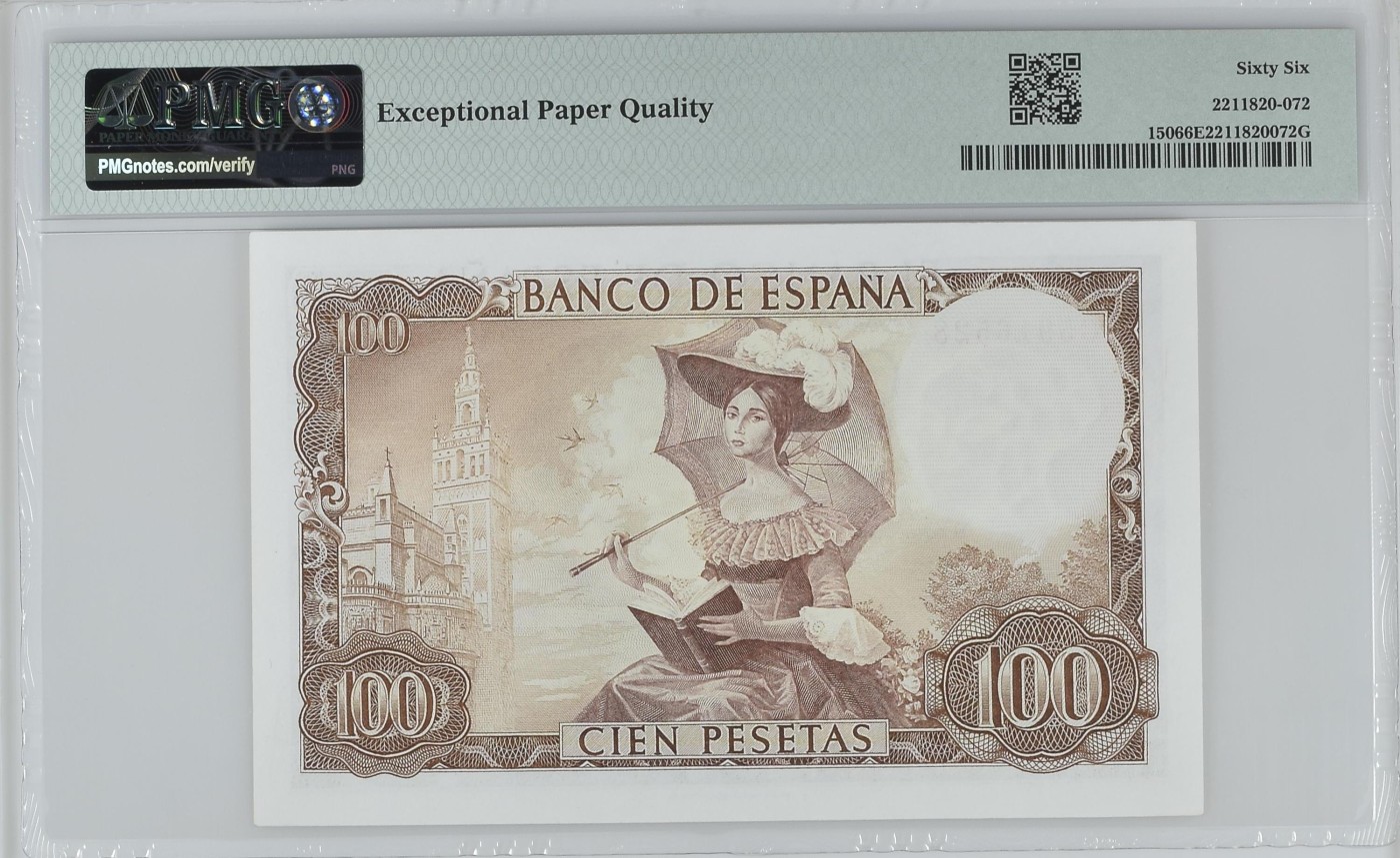 紫瑗钱币——第318期拍卖—纸币场 【PMG 66EPQ】西班牙 1965年 古斯塔沃·阿道夫·贝克凯尔 100比塞塔 (P-150)